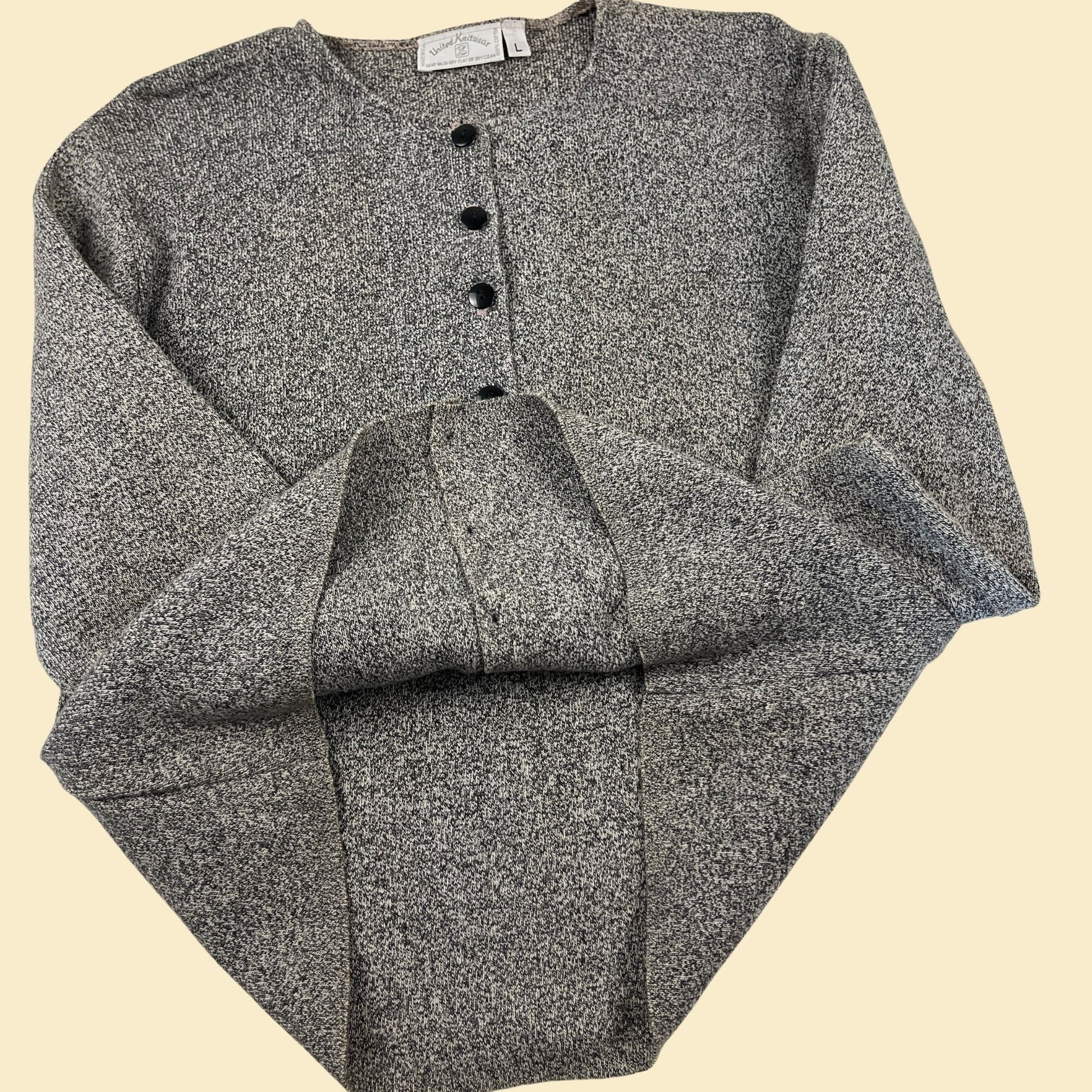 1980s grey size L United Knitwear cardigan, vintage 80s button down grey sweater