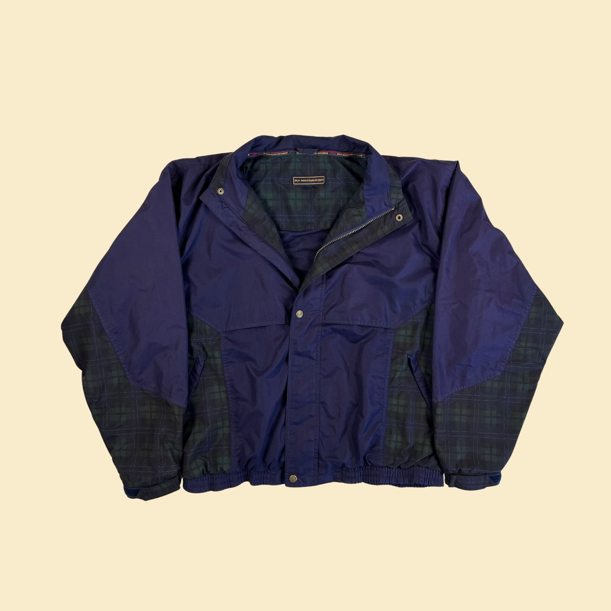 1990s plaid windbreaker jacket, vintage 90s size L blue & green plaid zip up lightweight jacket by Sun Mountain Sports