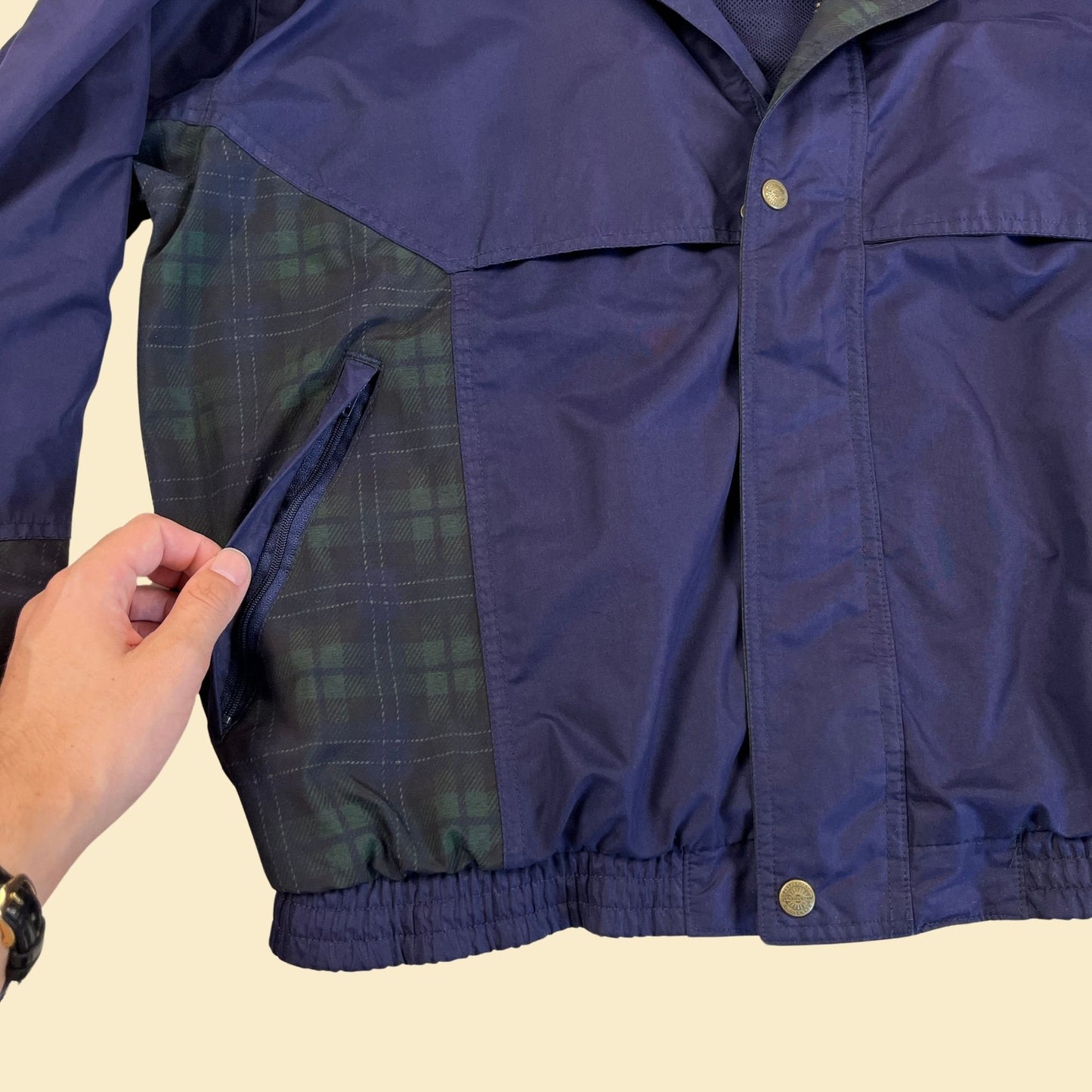 1990s plaid windbreaker jacket, vintage 90s size L blue & green plaid zip up lightweight jacket by Sun Mountain Sports