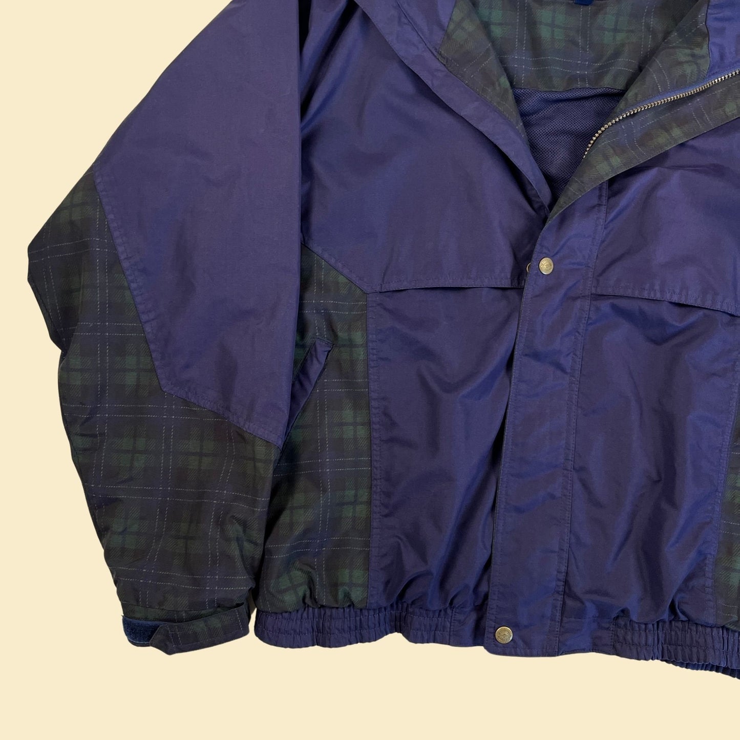 1990s plaid windbreaker jacket, vintage 90s size L blue & green plaid zip up lightweight jacket by Sun Mountain Sports