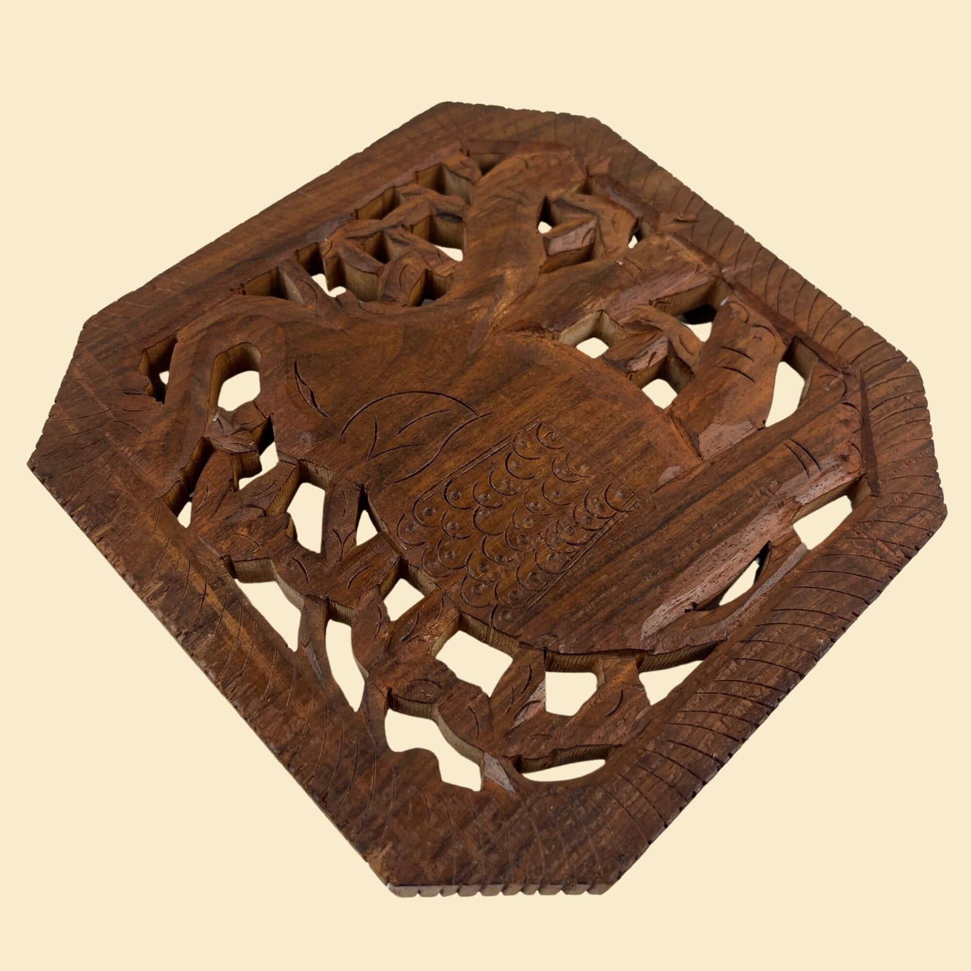 Vintage 70s elephant trivet, wooden 1970s hand-carved square elephant trivet