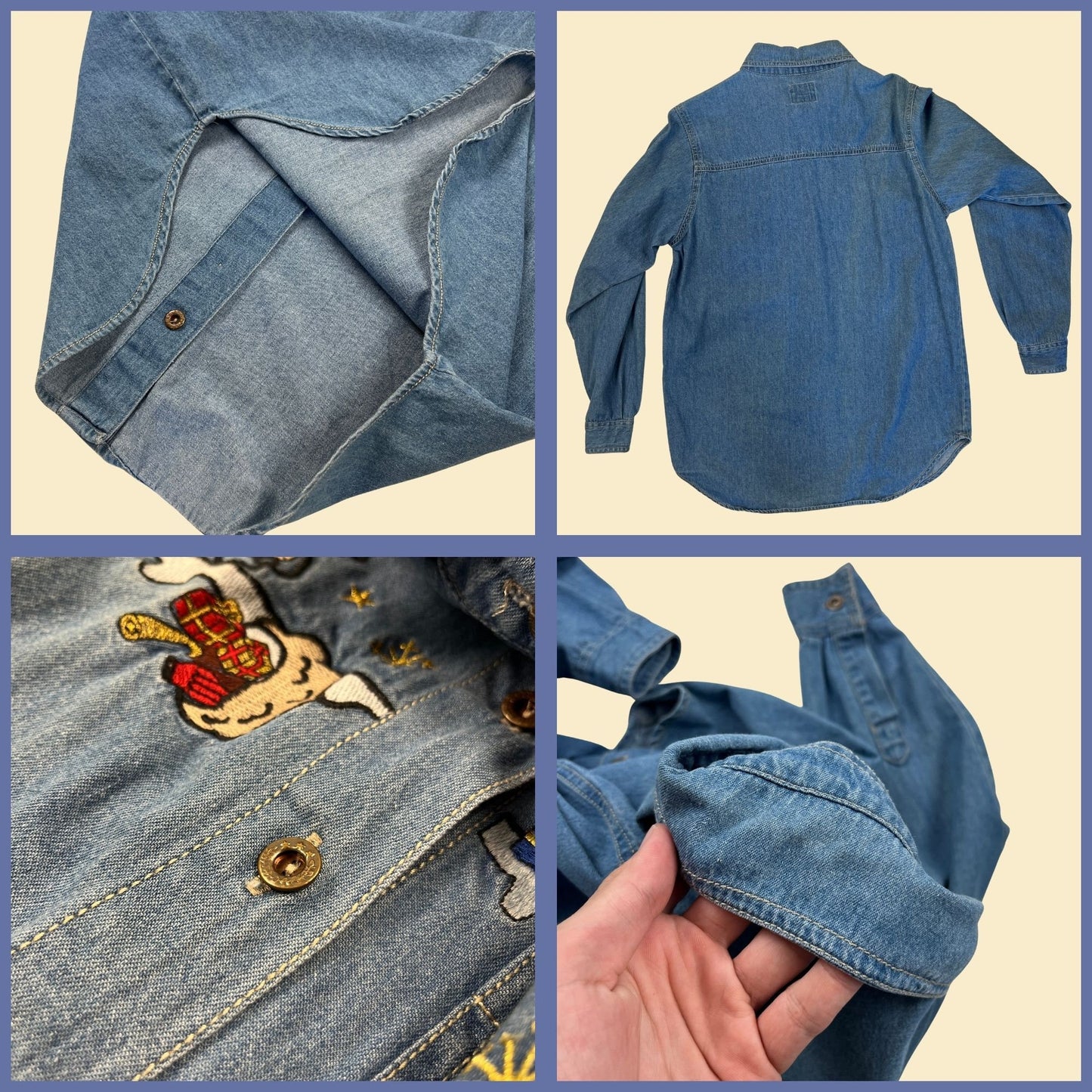 90s/Y2K Christmas denim/chambray button down shirt, vintage size S Santa & reindeers shirt