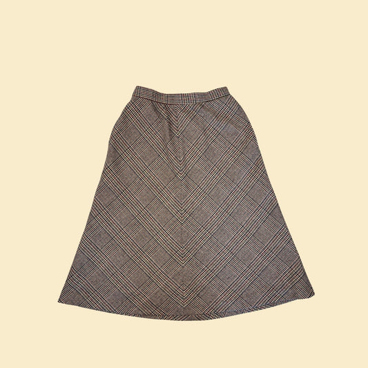 1980s wool midi skirt by The Villager, size 12 vintage 80s glen plaid brown & burgundy skirt