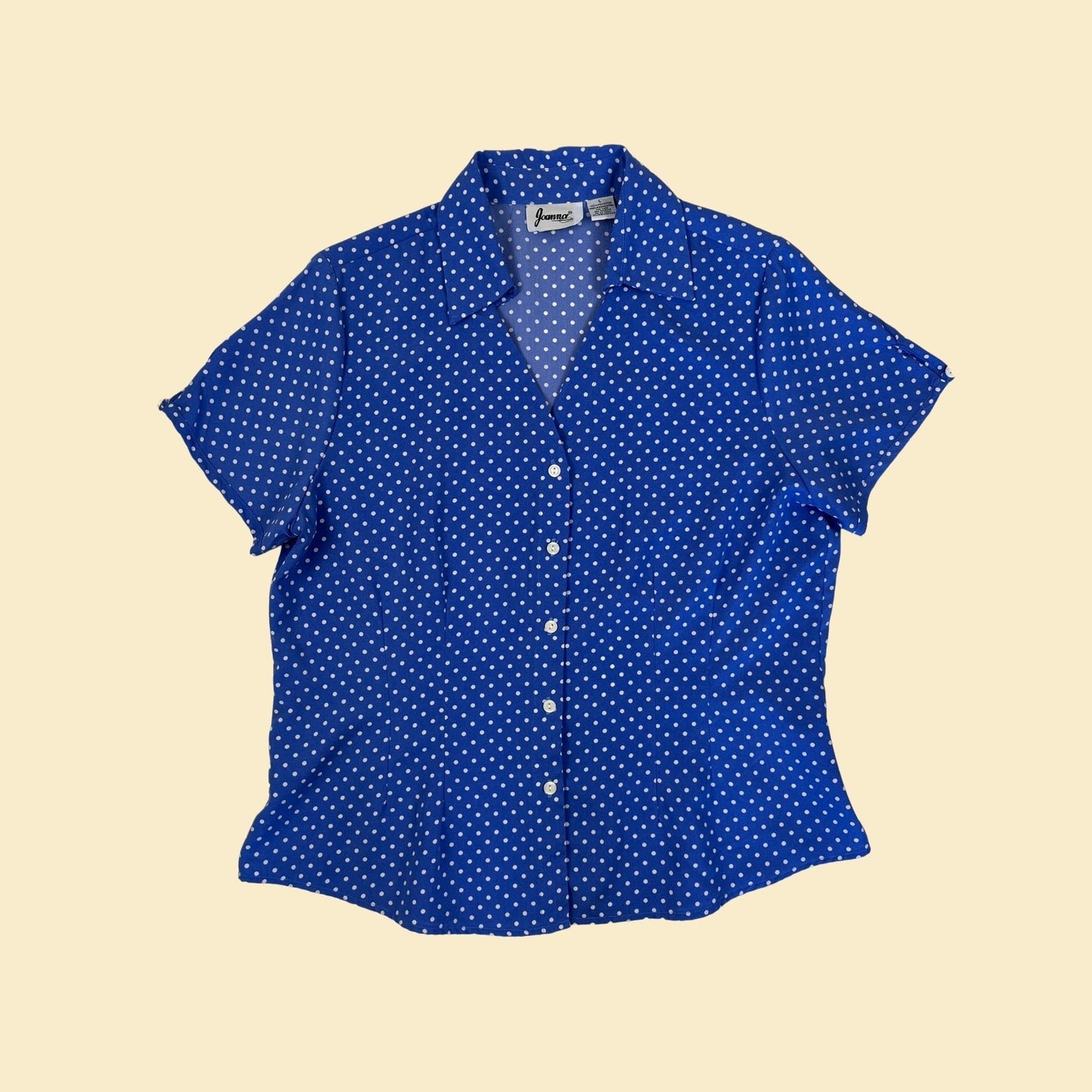 1980s polka-dot blouse by Joanna, size L blue & white vintage 80s/90s button down women's shirt