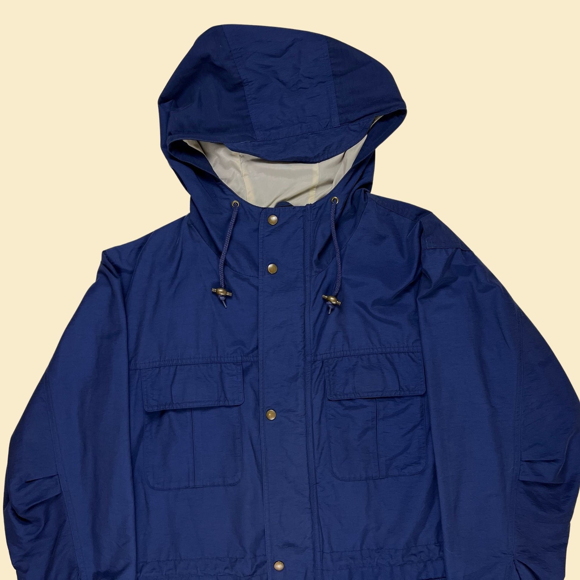 Vintage 90s Eddie Bauer size L blue parka zip up/snap-clasp jacket with hood, 1990s windbreaker trench coat