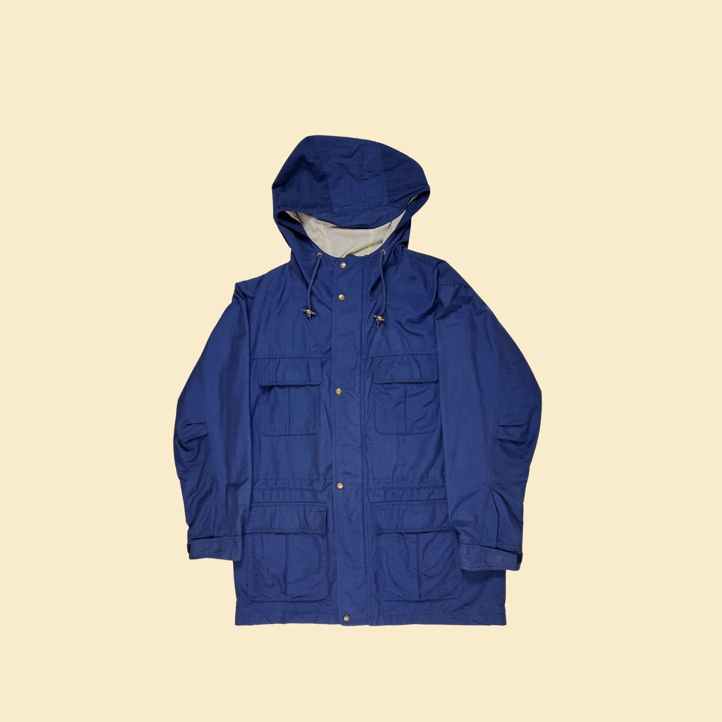 Vintage 90s Eddie Bauer size L blue parka zip up/snap-clasp jacket with hood, 1990s windbreaker trench coat