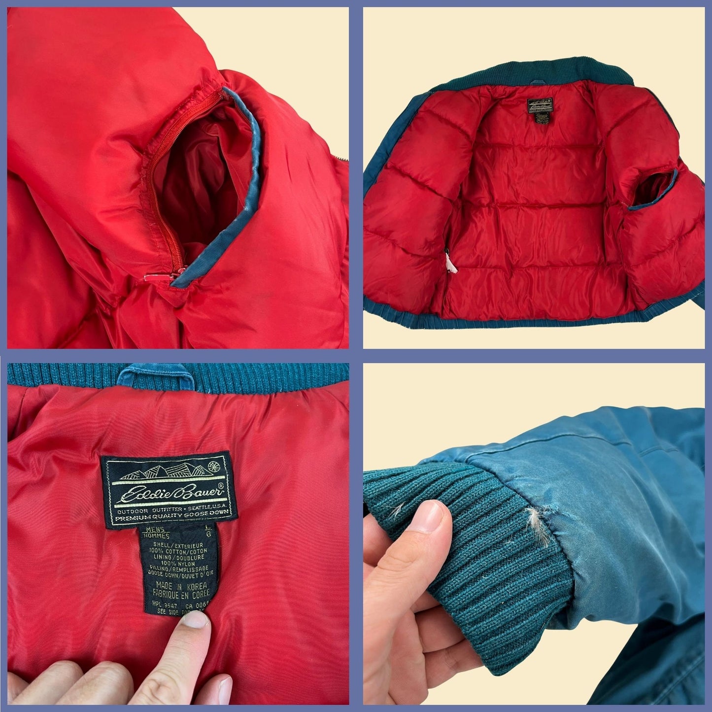 1980s Eddie Bauer goose down jacket, vintage 80s size L teal & red puffer zip up jacket