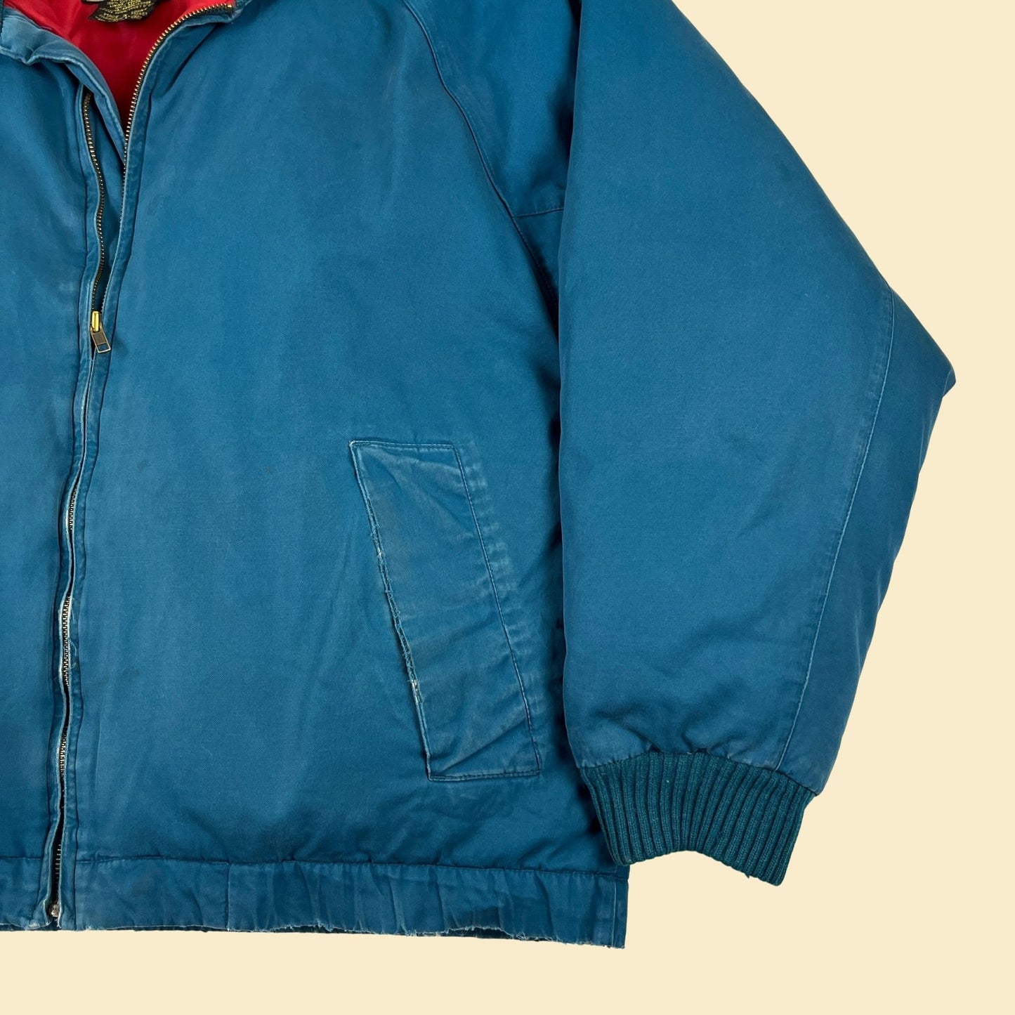 1980s Eddie Bauer goose down jacket, vintage 80s size L teal & red puffer zip up jacket