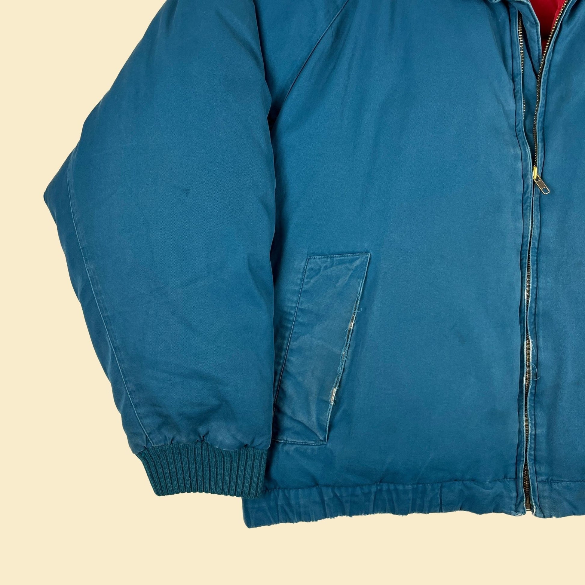 1980s Eddie Bauer goose down jacket, vintage 80s size L teal & red puffer zip up jacket