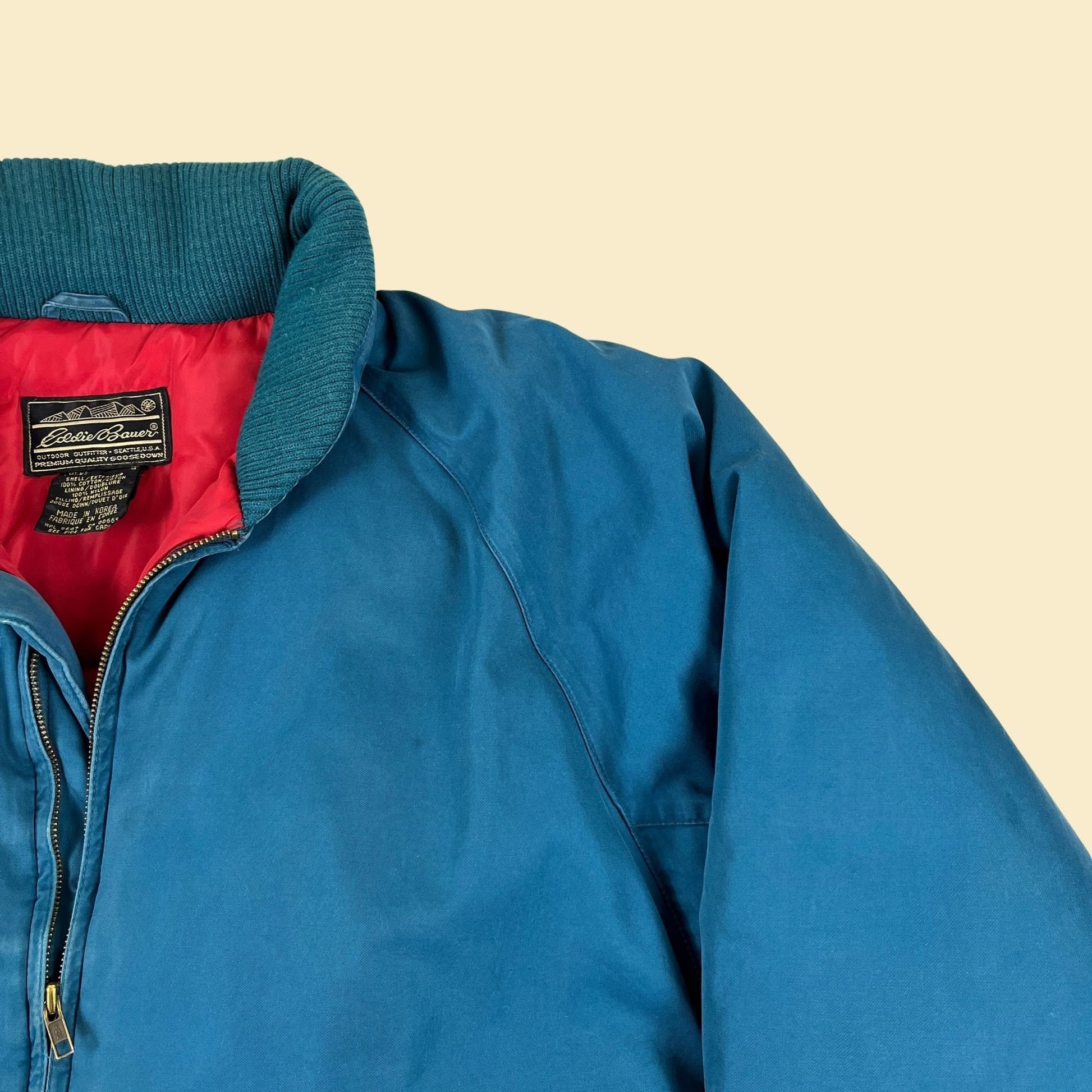 1980s Eddie Bauer goose down jacket, vintage 80s size L teal & red puffer zip up jacket