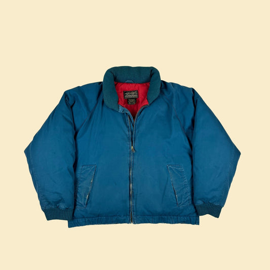 1980s Eddie Bauer goose down jacket, vintage 80s size L teal & red puffer zip up jacket