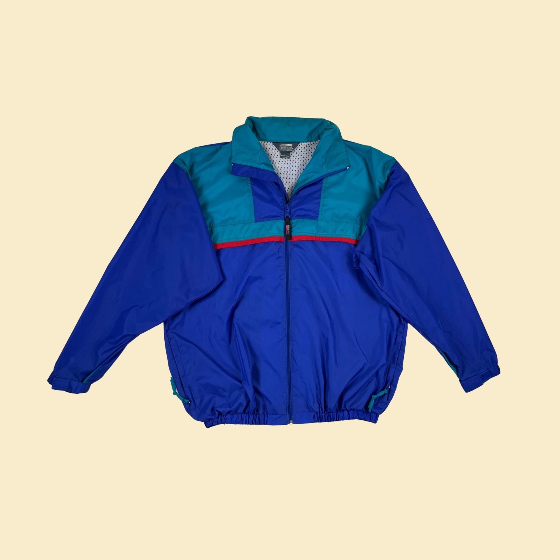 Vintage 90s Sierra Sport windbreaker jacket, size L 1990s teal & red zip up nylon warmup jacket