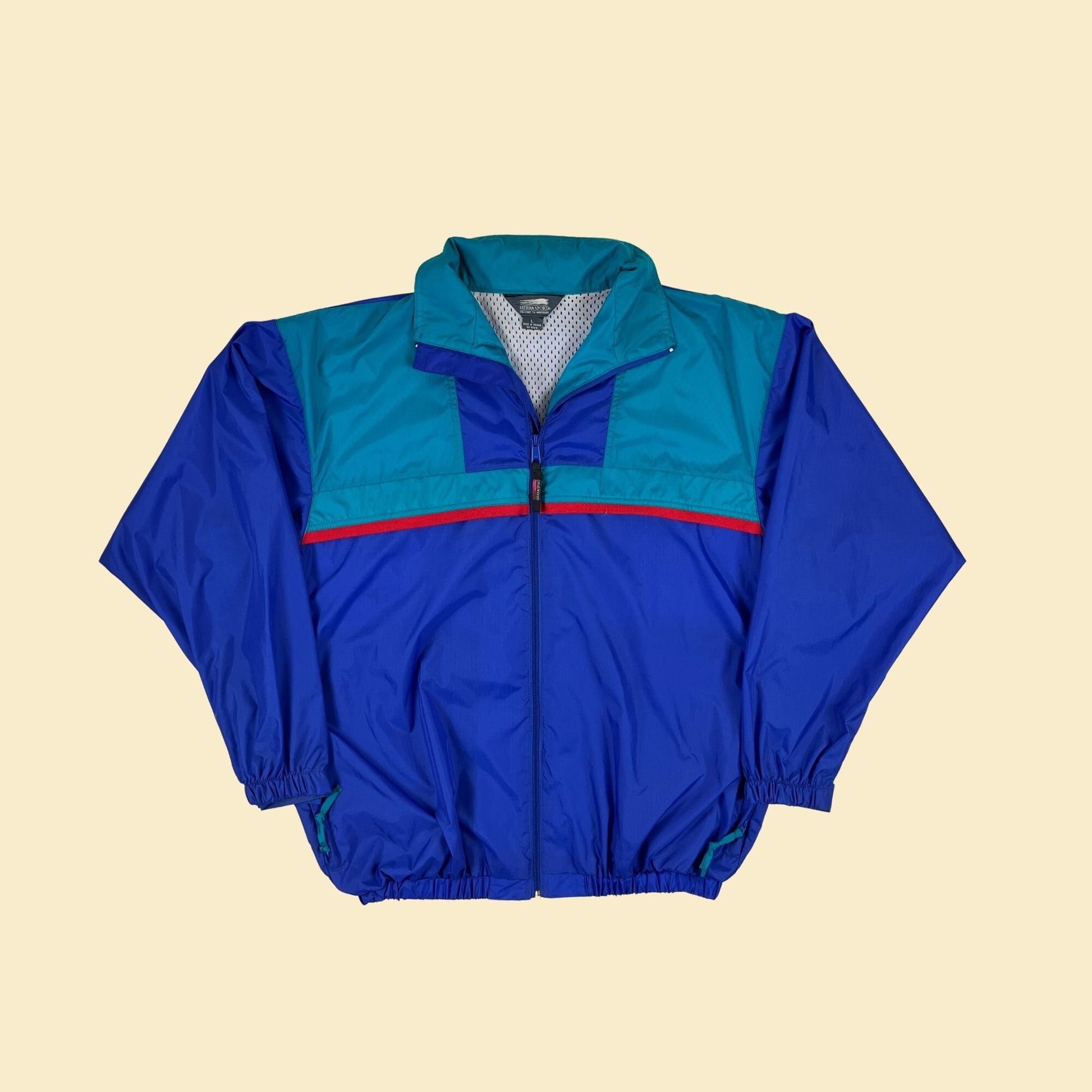 Vintage 90s Sierra Sport windbreaker jacket, size L 1990s teal & red zip up nylon warmup jacket