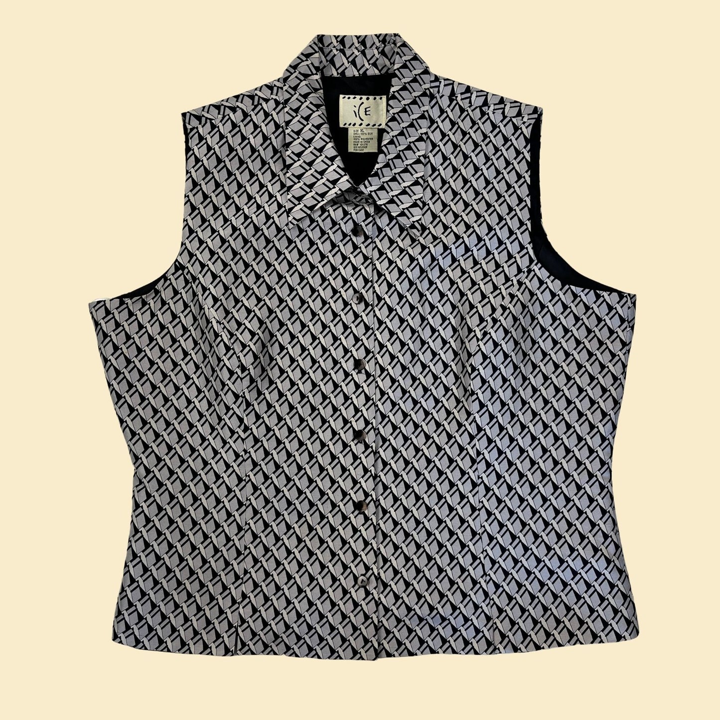 1990s optical illusion silk vest by Ice, vintage 90s black & grey geometric button down vest, size XL