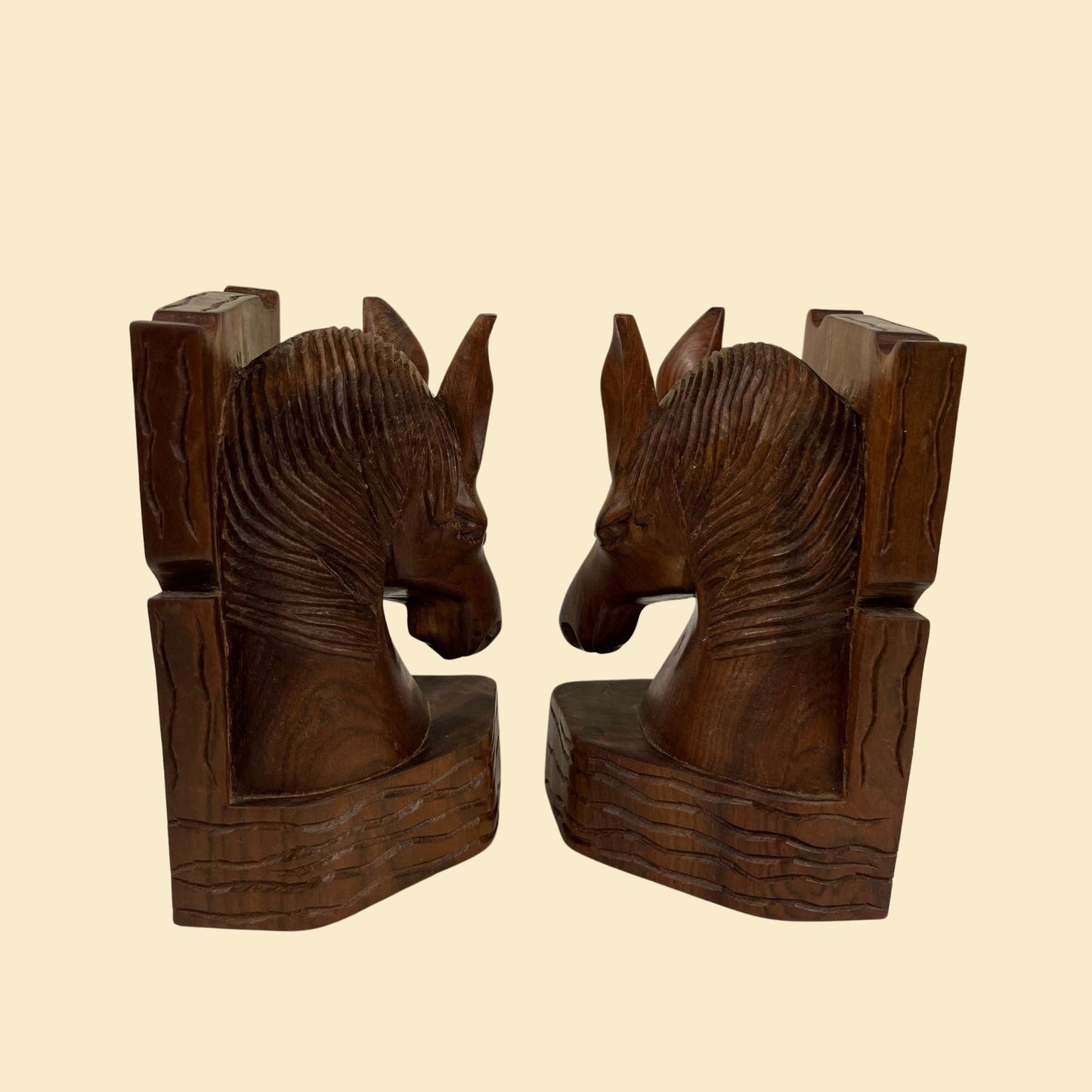 1980s folk art horse bookends, vintage 80s hand-carved horse shaped bookend set