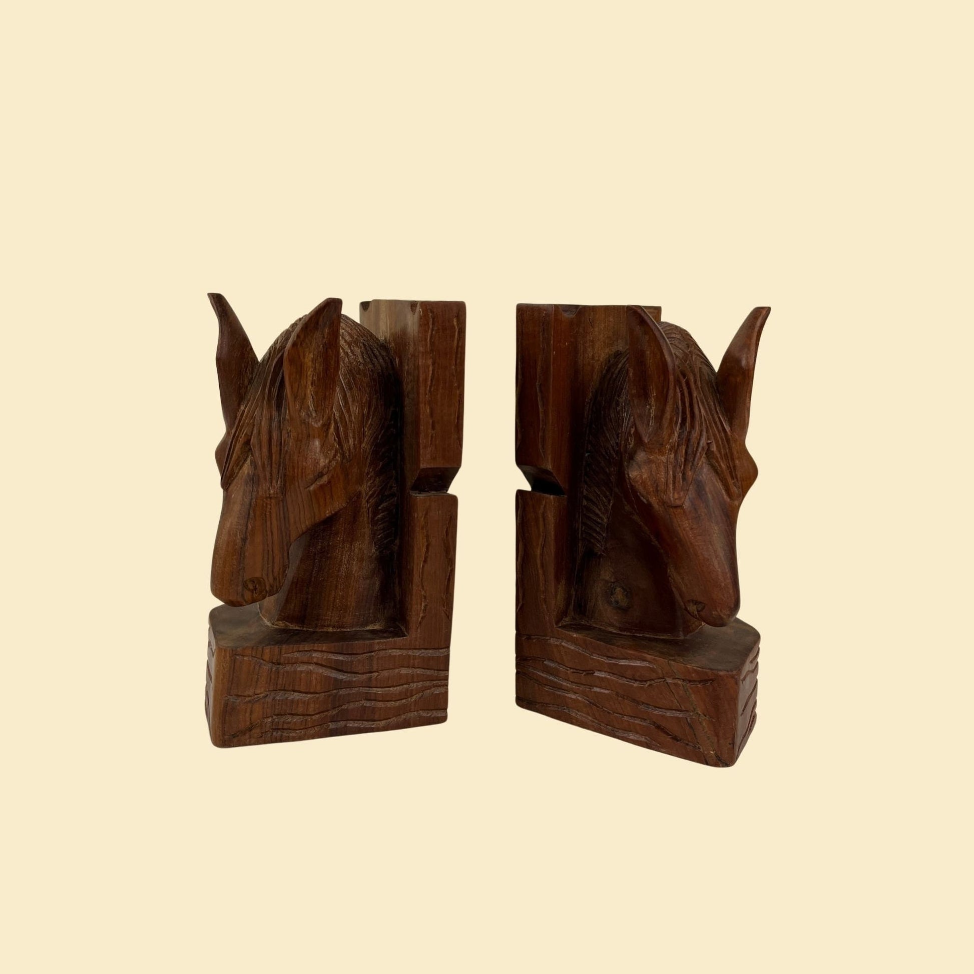 1980s folk art horse bookends, vintage 80s hand-carved horse shaped bookend set