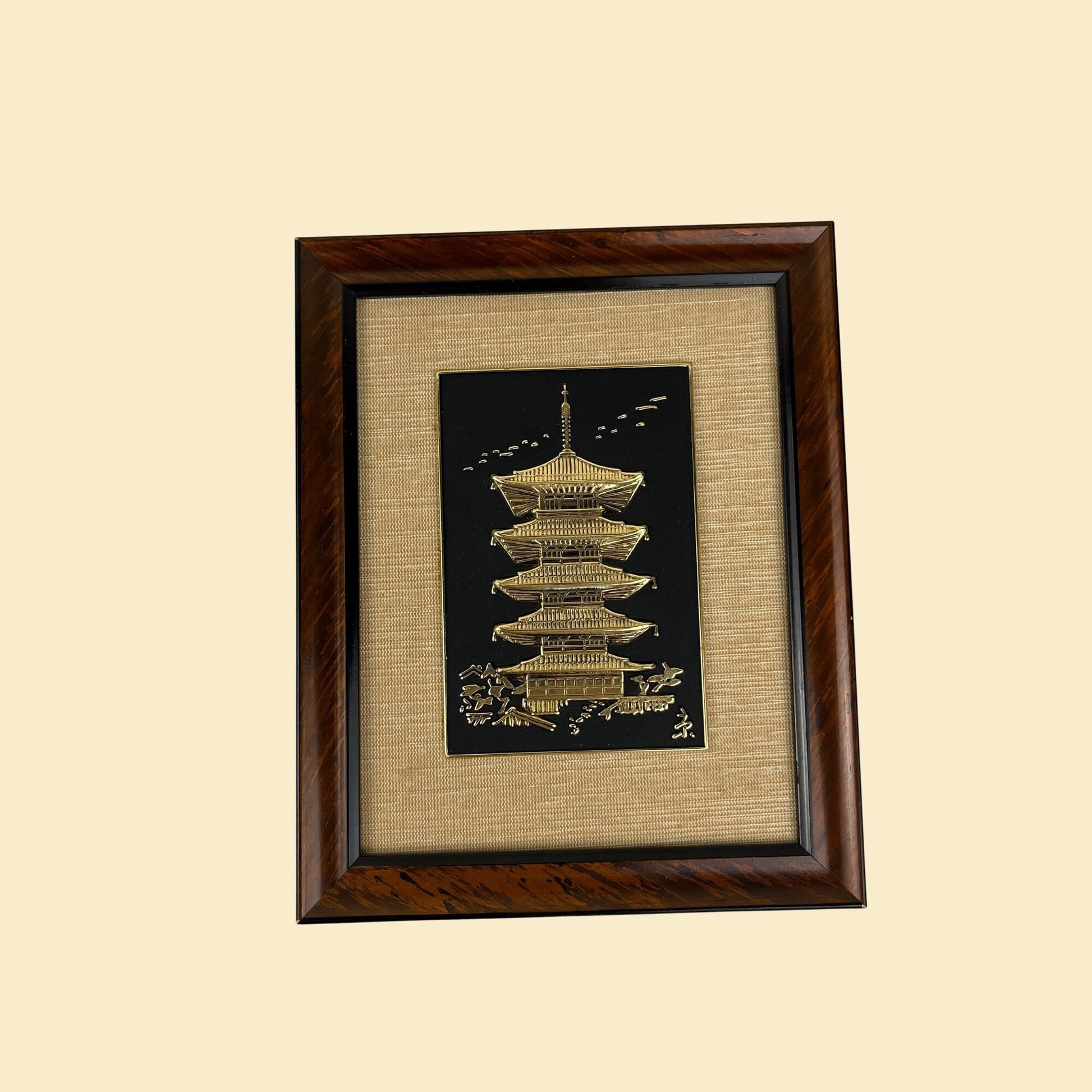 1960s Japanese pagoda framed art souvenir, vintage 60s gold-toned & black pagoda art, 5.5" x 6.25"