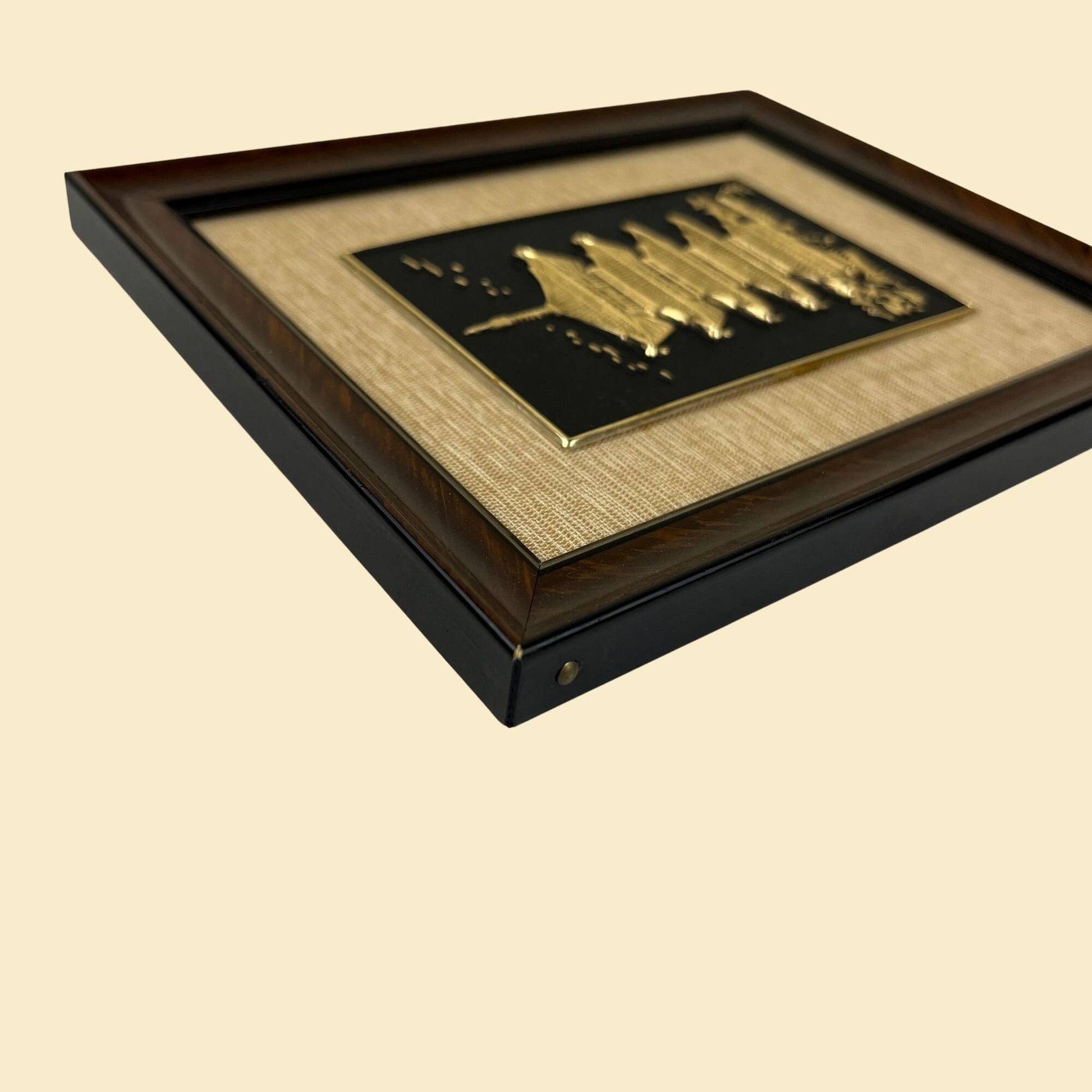 1960s Japanese pagoda framed art souvenir, vintage 60s gold-toned & black pagoda art, 5.5" x 6.25"