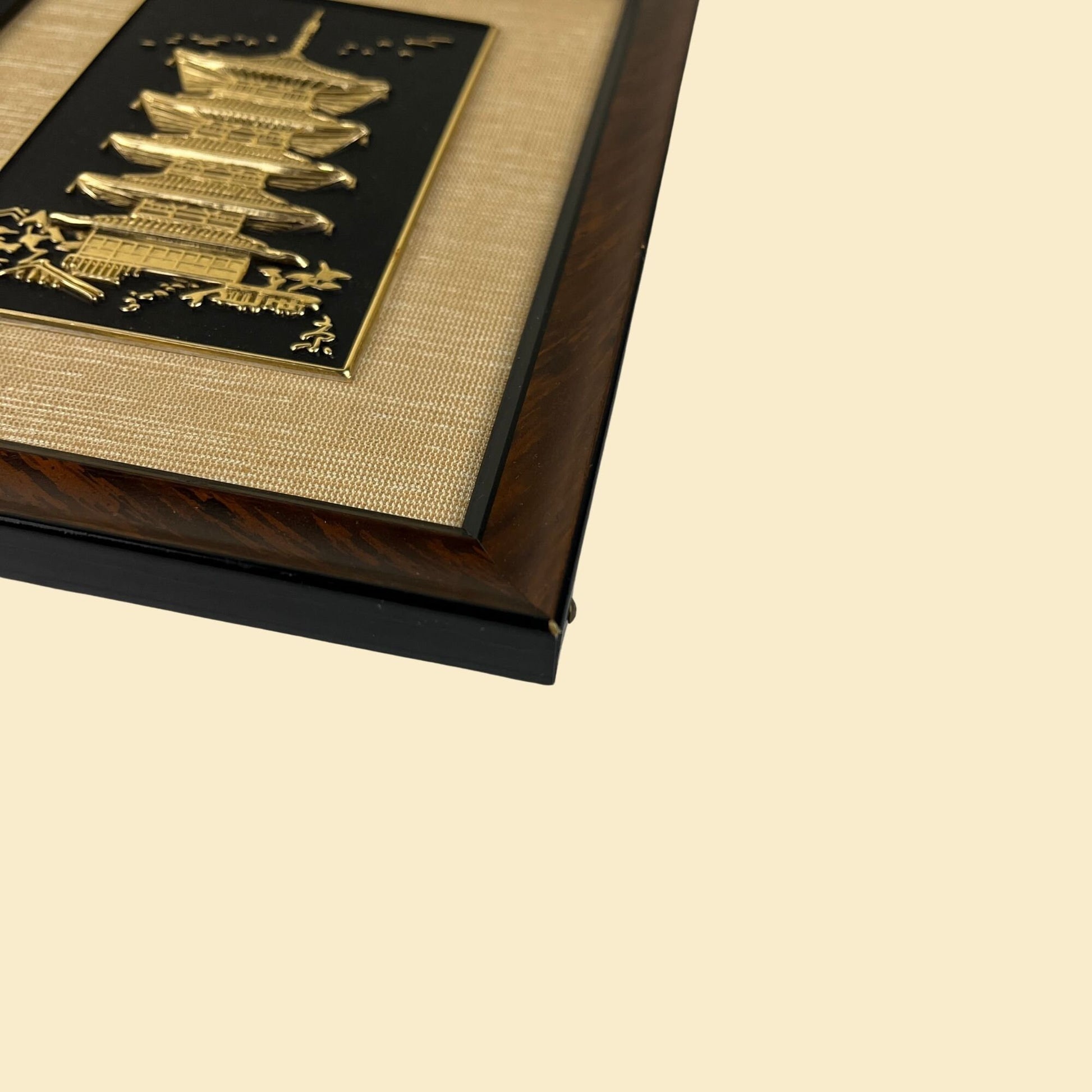 1960s Japanese pagoda framed art souvenir, vintage 60s gold-toned & black pagoda art, 5.5" x 6.25"