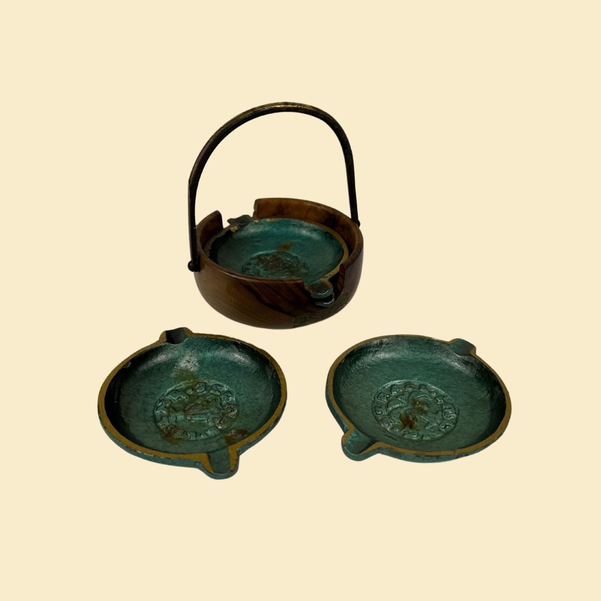 1970s Israel ash-tray & carrier set, vintage green/gold-toned Judaica ash tray or incense holder set