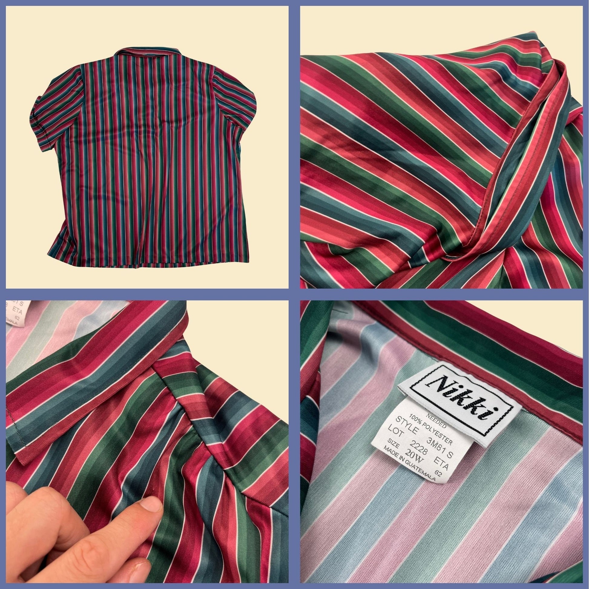 1980s size 20W striped blouse by Nikki, pink/green/white vintage 80s lightweight women's short sleeve shirt