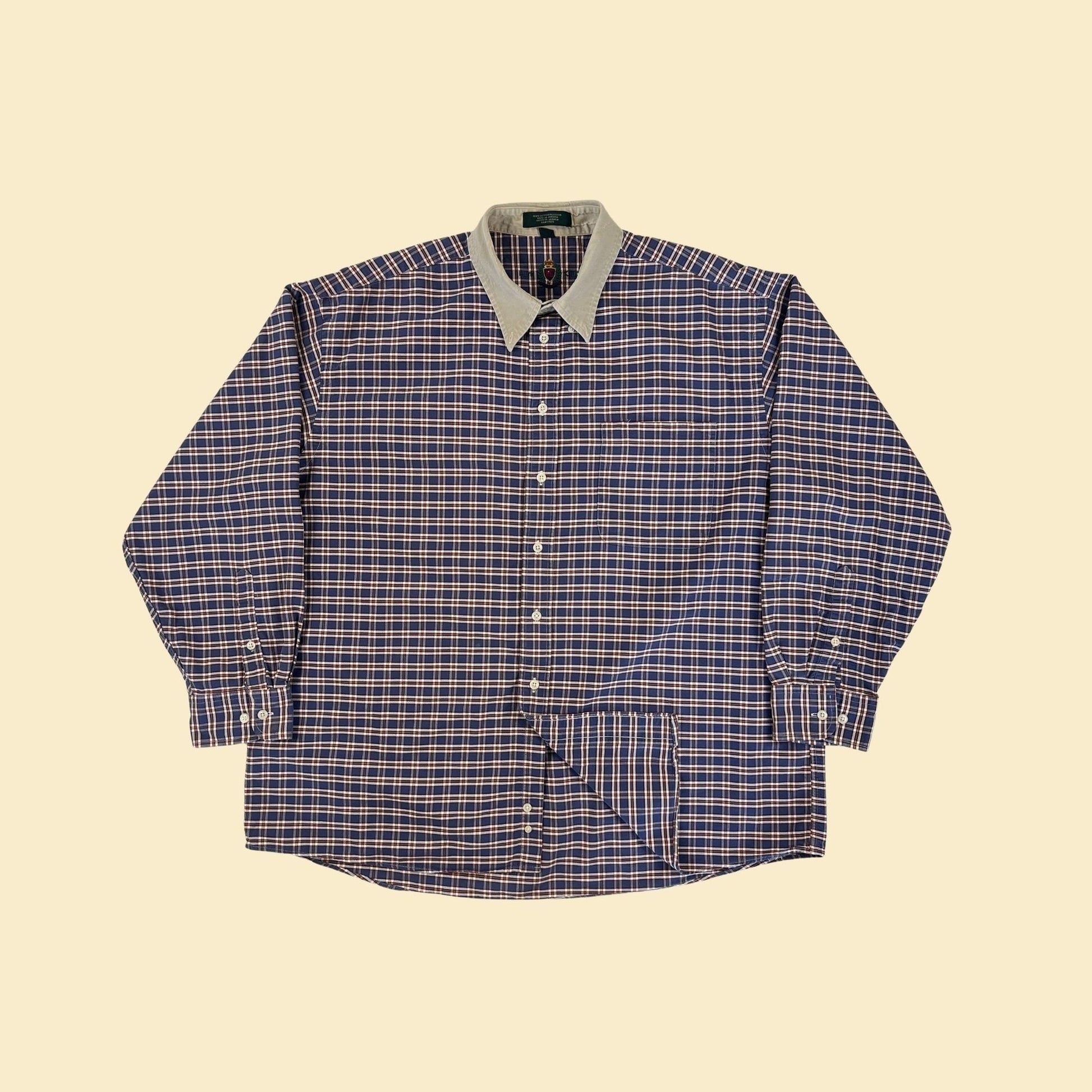 90s blue & beige plaid men's shirt, size 17.5/35 vintage 1990s cotton long sleeve button down top