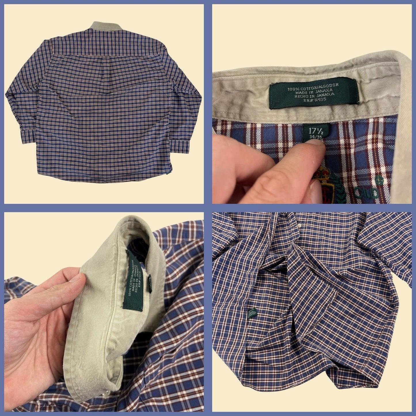 90s blue & beige plaid men's shirt, size 17.5/35 vintage 1990s cotton long sleeve button down top