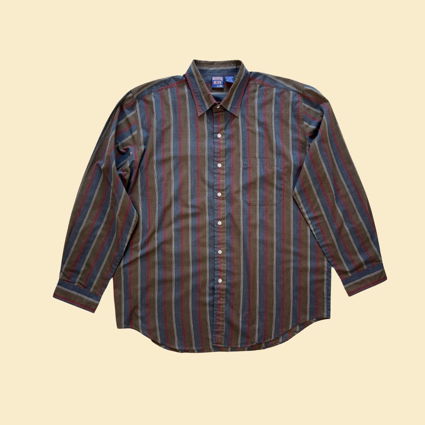 1990s XL men's striped shirt by Bristol Blues, vintage 90s long sleeve button down blue & burgundy casual top