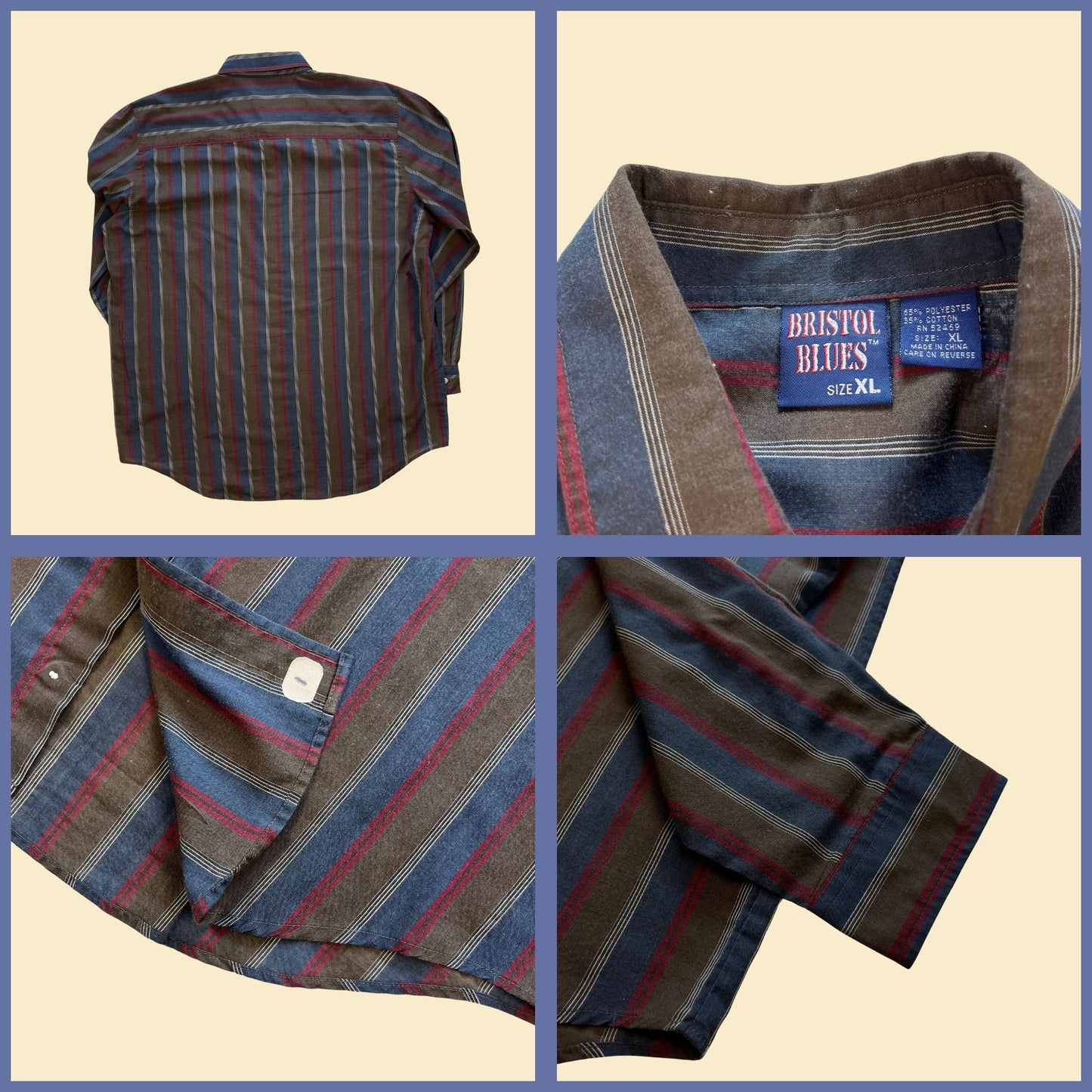 1990s XL men's striped shirt by Bristol Blues, vintage 90s long sleeve button down blue & burgundy casual top