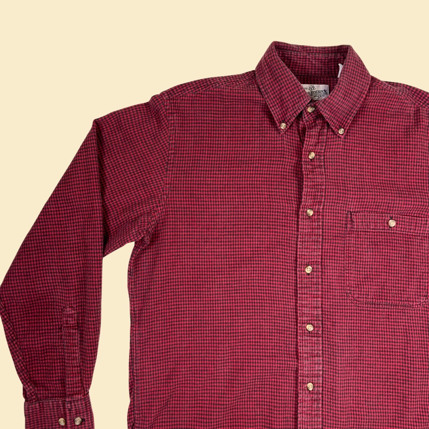 1980s M men's flannel red/black shirt by Sears Roebuck & Co, vintage 80s men's long sleeve check patterned button down