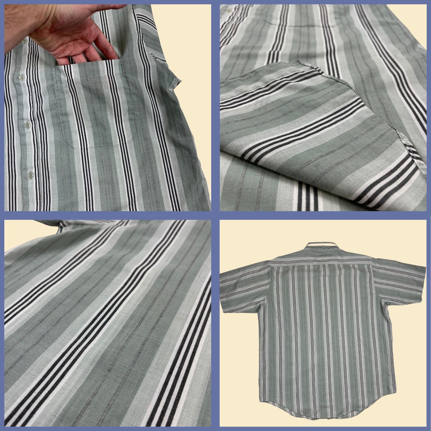 80s XL men's short sleeve striped shirt by Impact, vintage blue & grey button down casual 1980s top