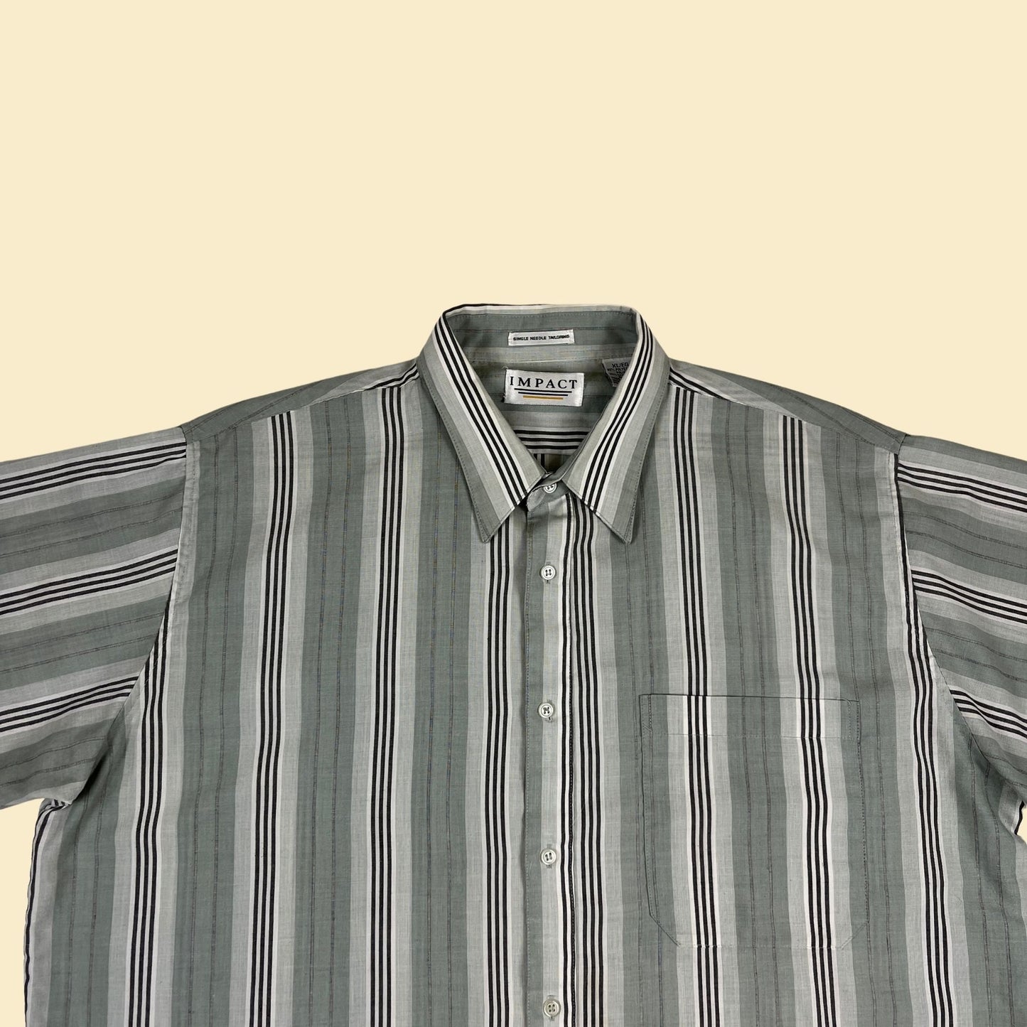 80s XL men's short sleeve striped shirt by Impact, vintage blue & grey button down casual 1980s top