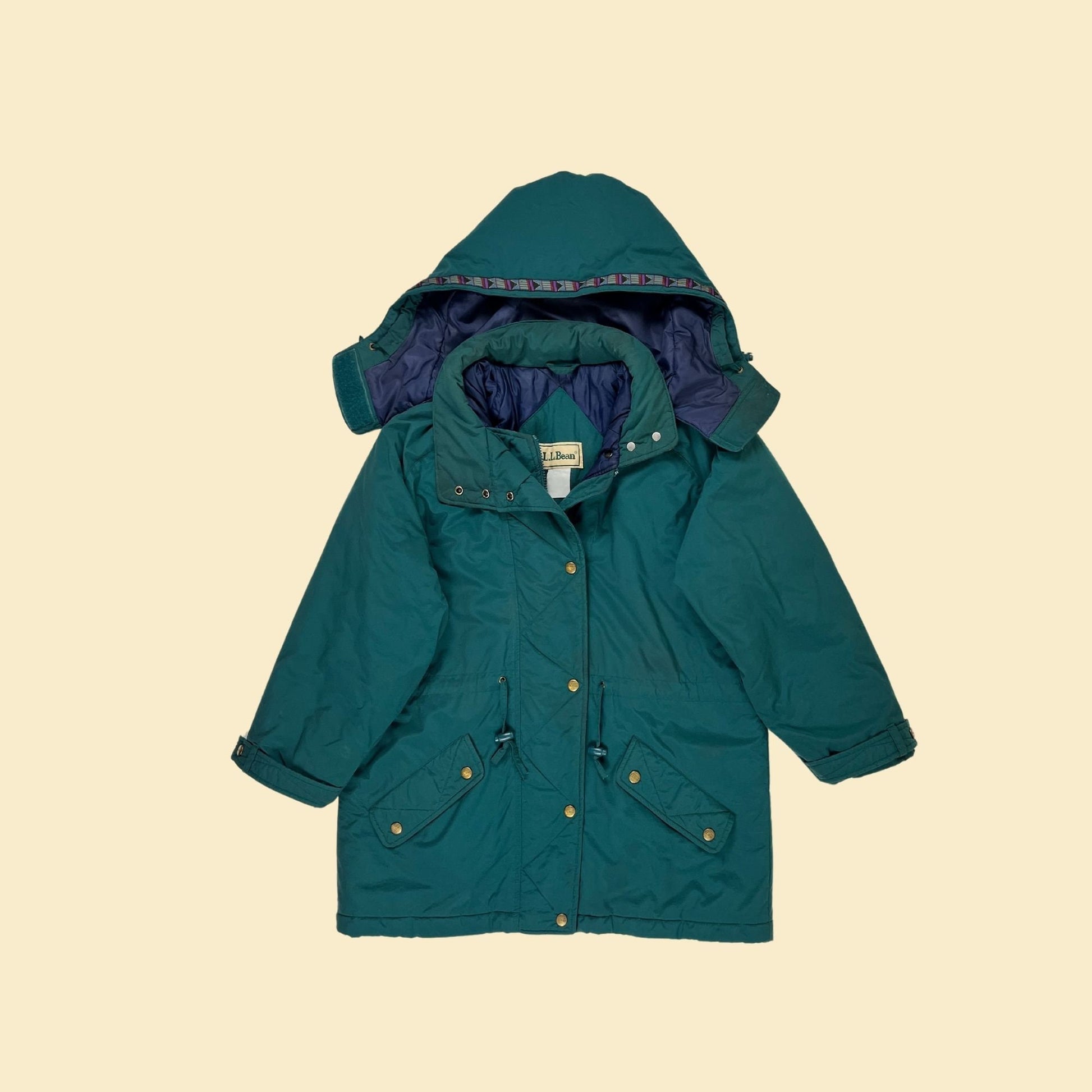 1990s LL Bean parka jacket, vintage 90s men's green zip up & snap hooded puffer winter coat