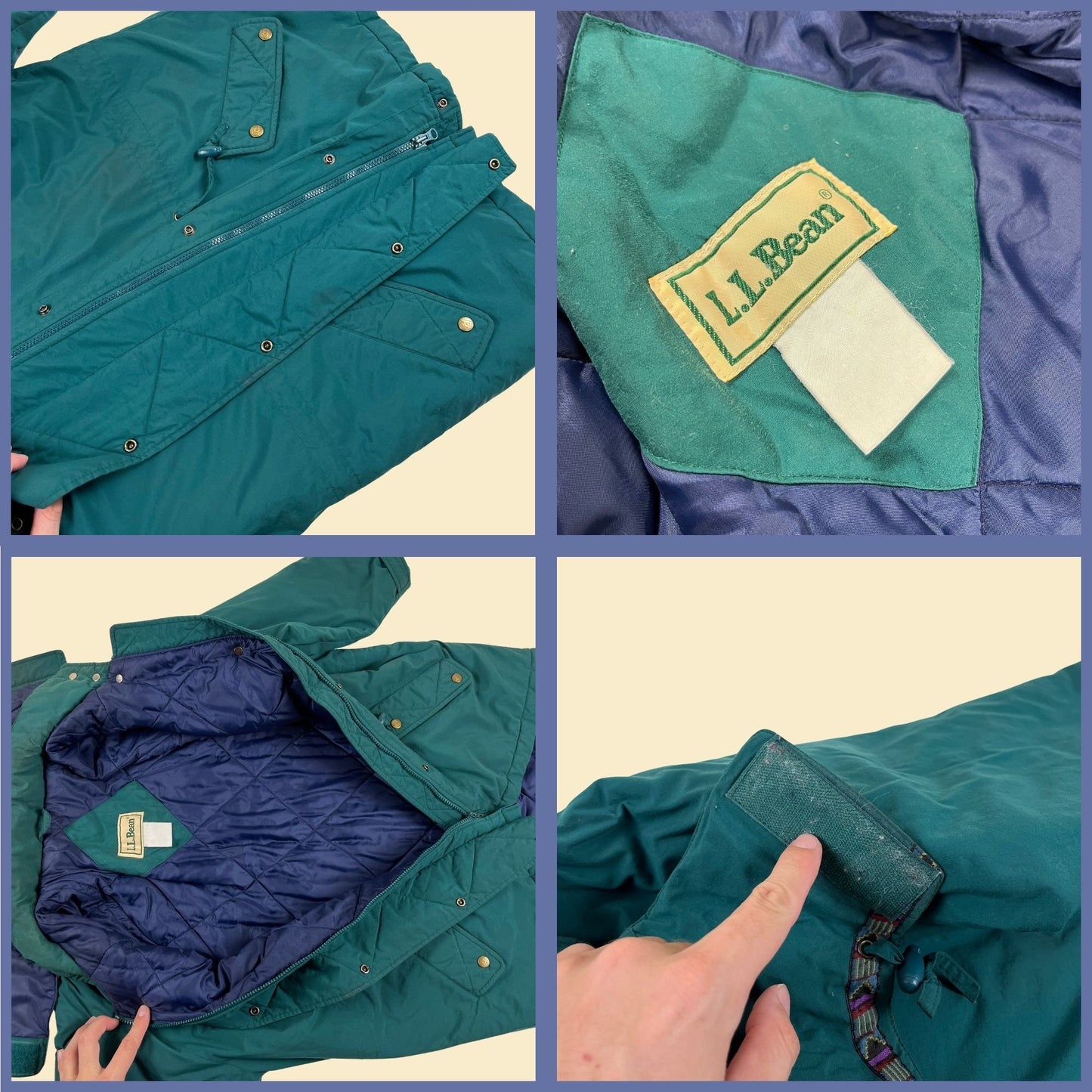 1990s LL Bean parka jacket, vintage 90s men's green zip up & snap hooded puffer winter coat