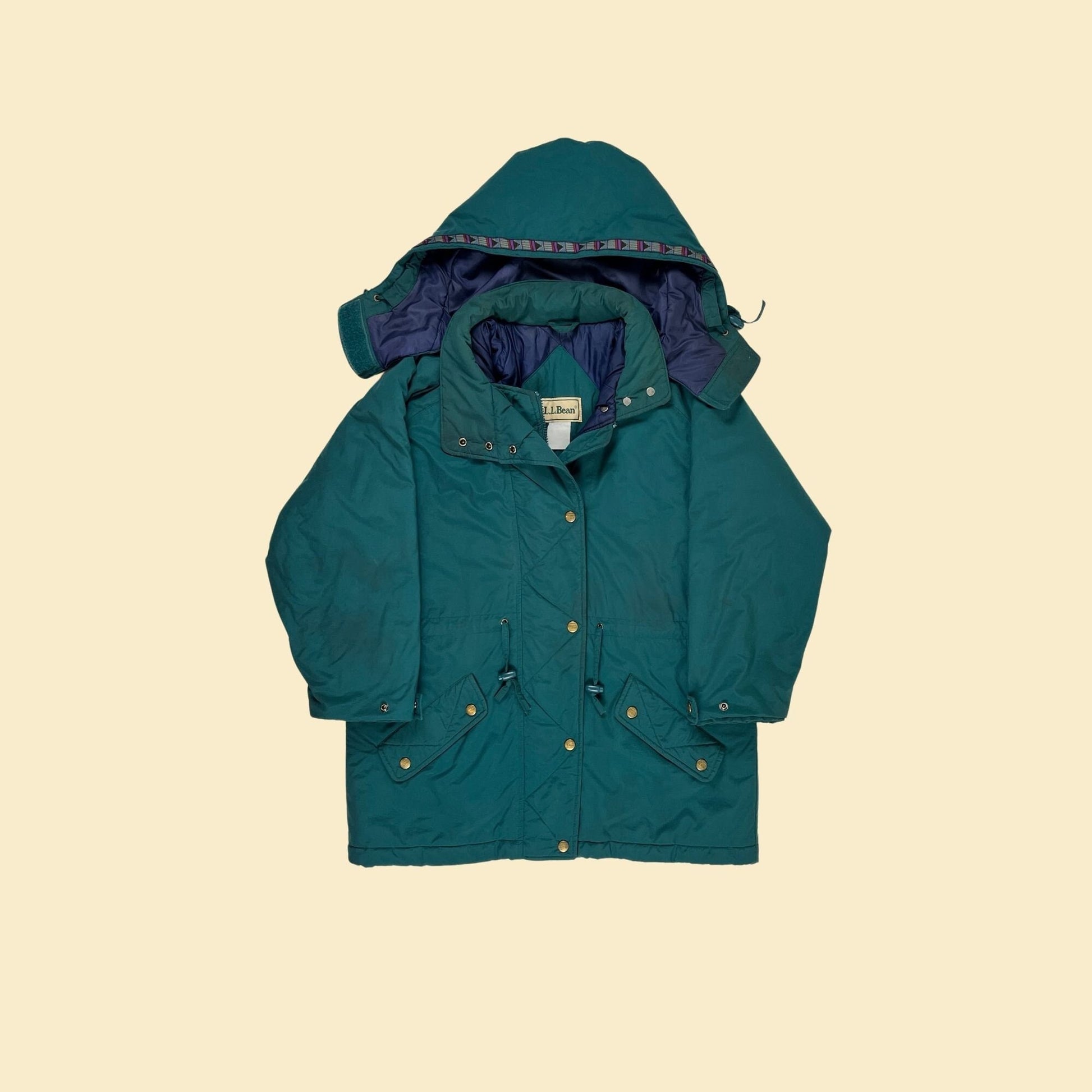 1990s LL Bean parka jacket, vintage 90s men's green zip up & snap hooded puffer winter coat