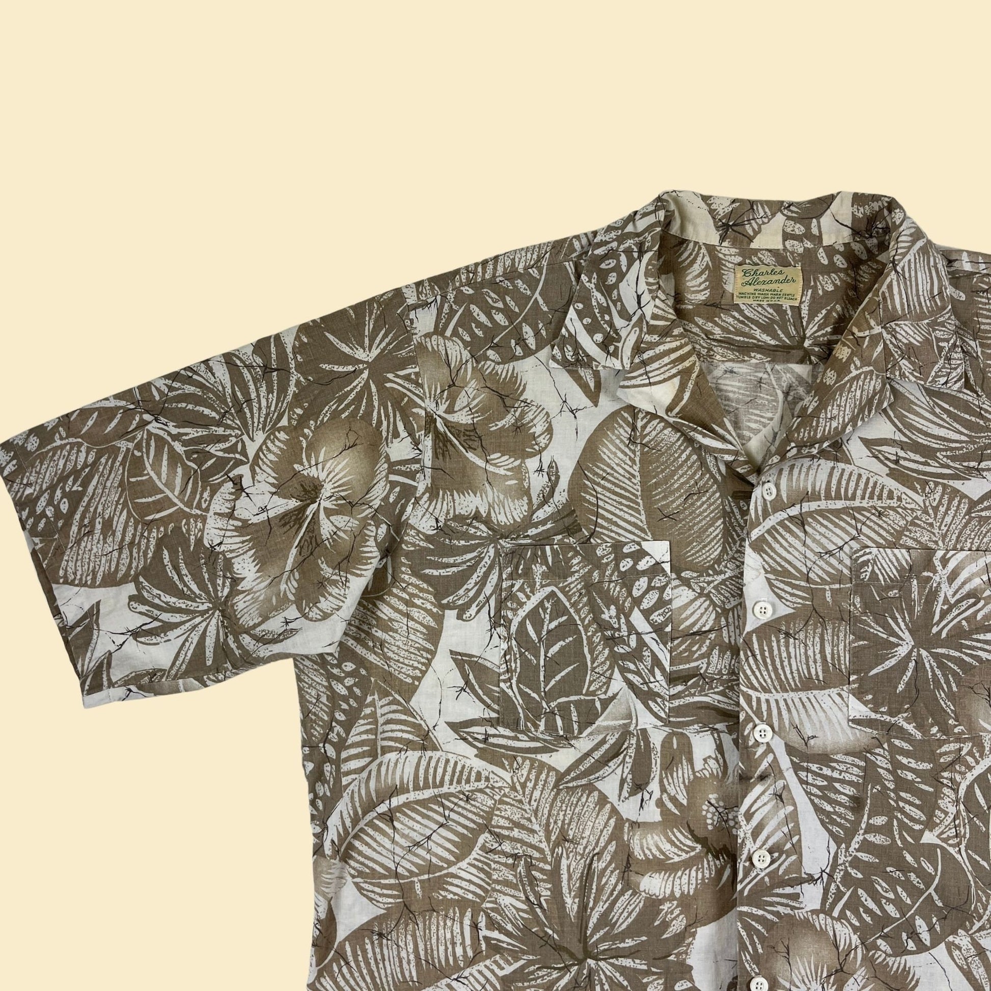 70s/80s tropical men's shirt by Charles Alexander, vintage 1970s beige & white floral casual short sleeve button down