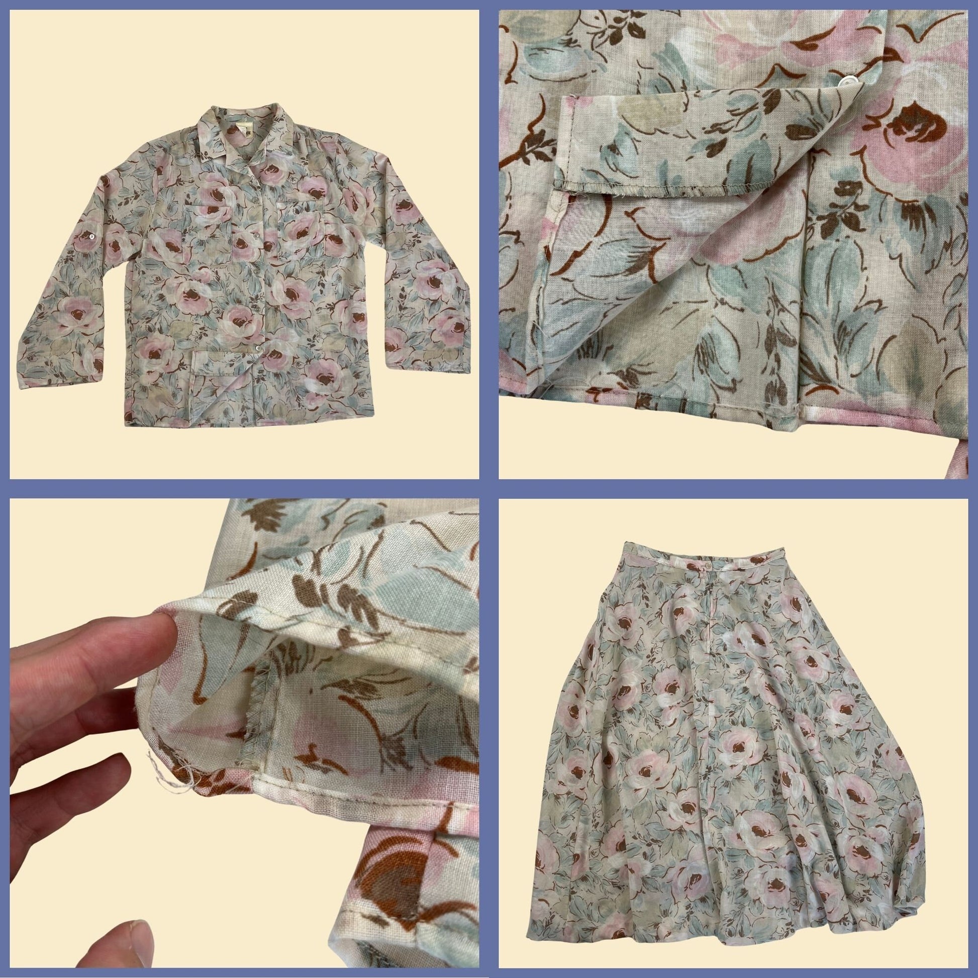 1970s 2 piece floral set by The Branch, Div of Joshua Tree, vintage blouse & skirt set w/ cream and pink floral pattern