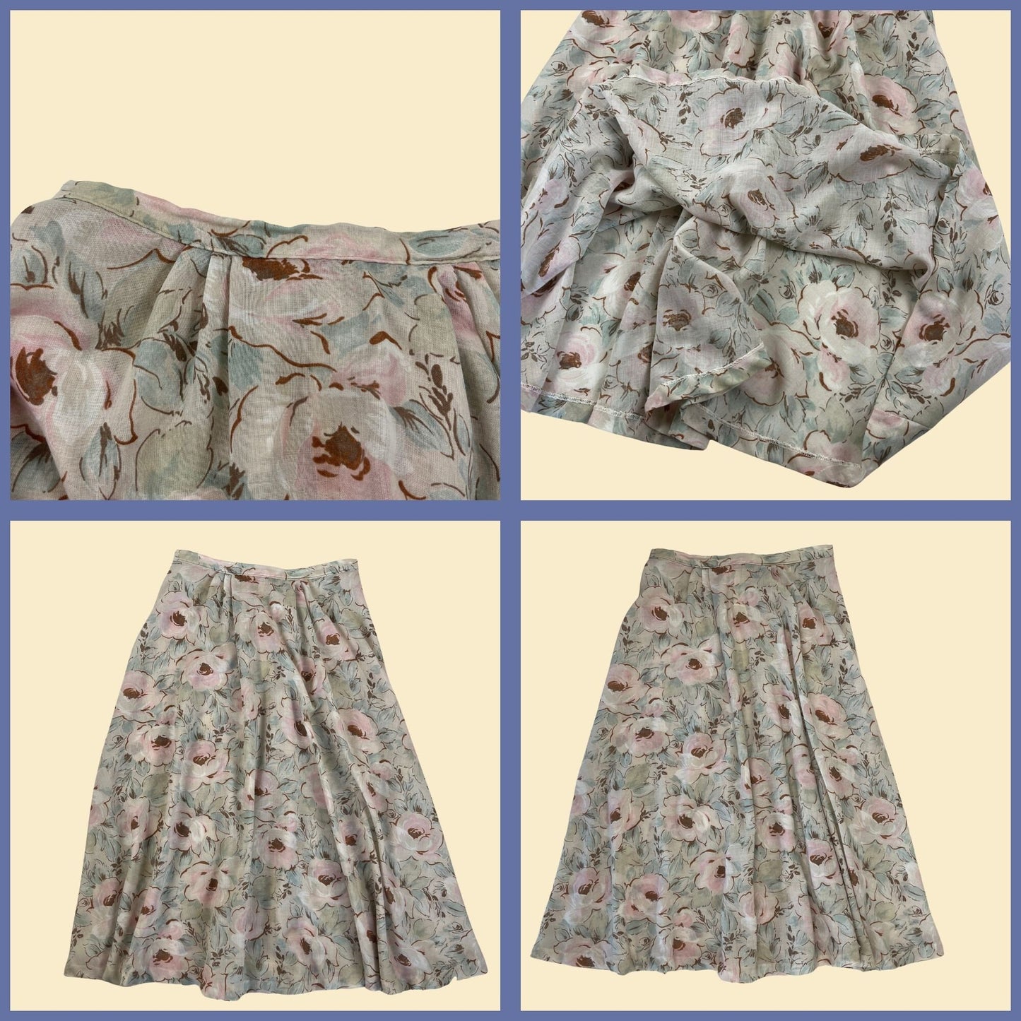 1970s 2 piece floral set by The Branch, Div of Joshua Tree, vintage blouse & skirt set w/ cream and pink floral pattern