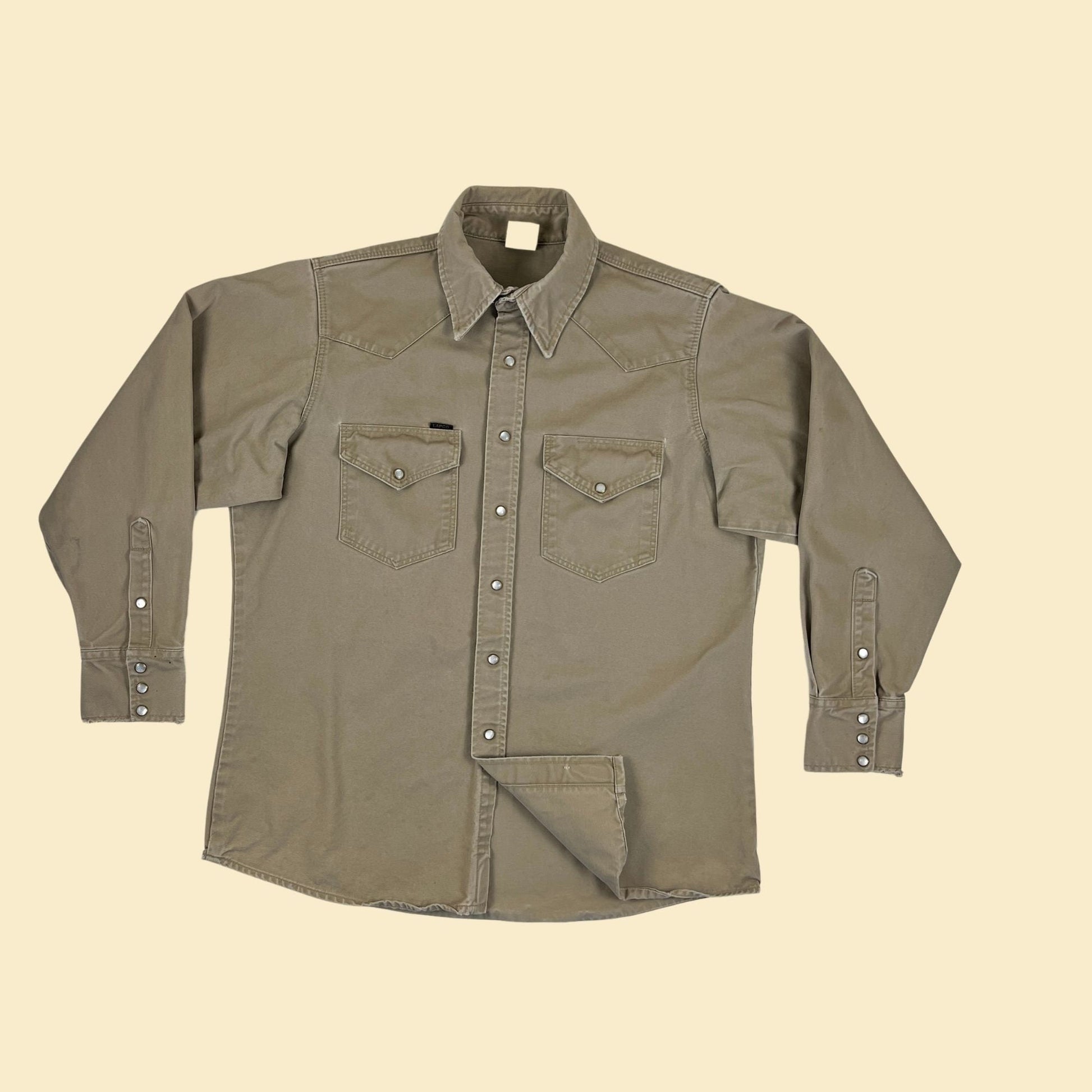 1980s Lapco beige snap clasp workwear shirt, vintage 80s western khaki size 16-M-34 men's long sleeve top