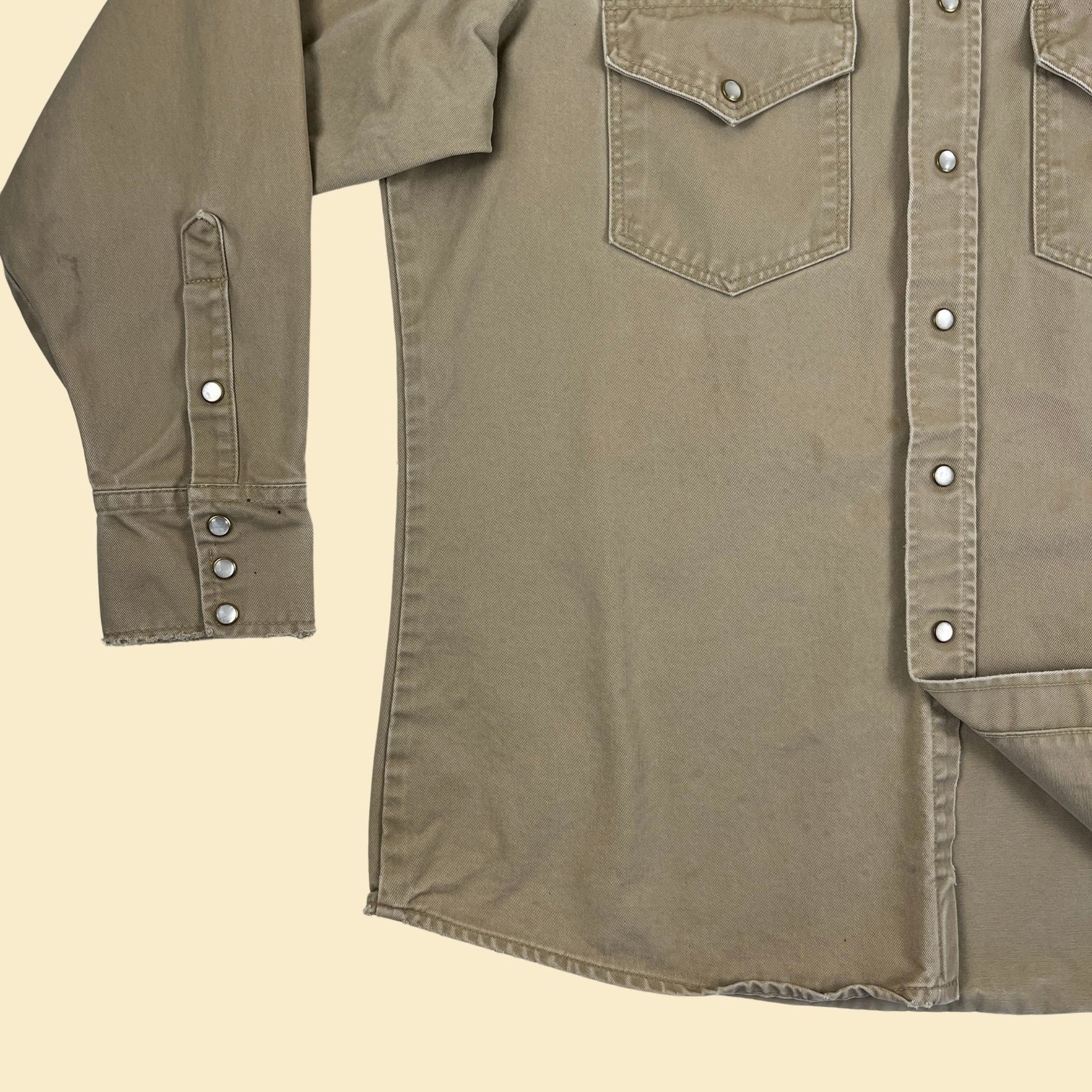 1980s Lapco beige snap clasp workwear shirt, vintage 80s western khaki size 16-M-34 men's long sleeve top