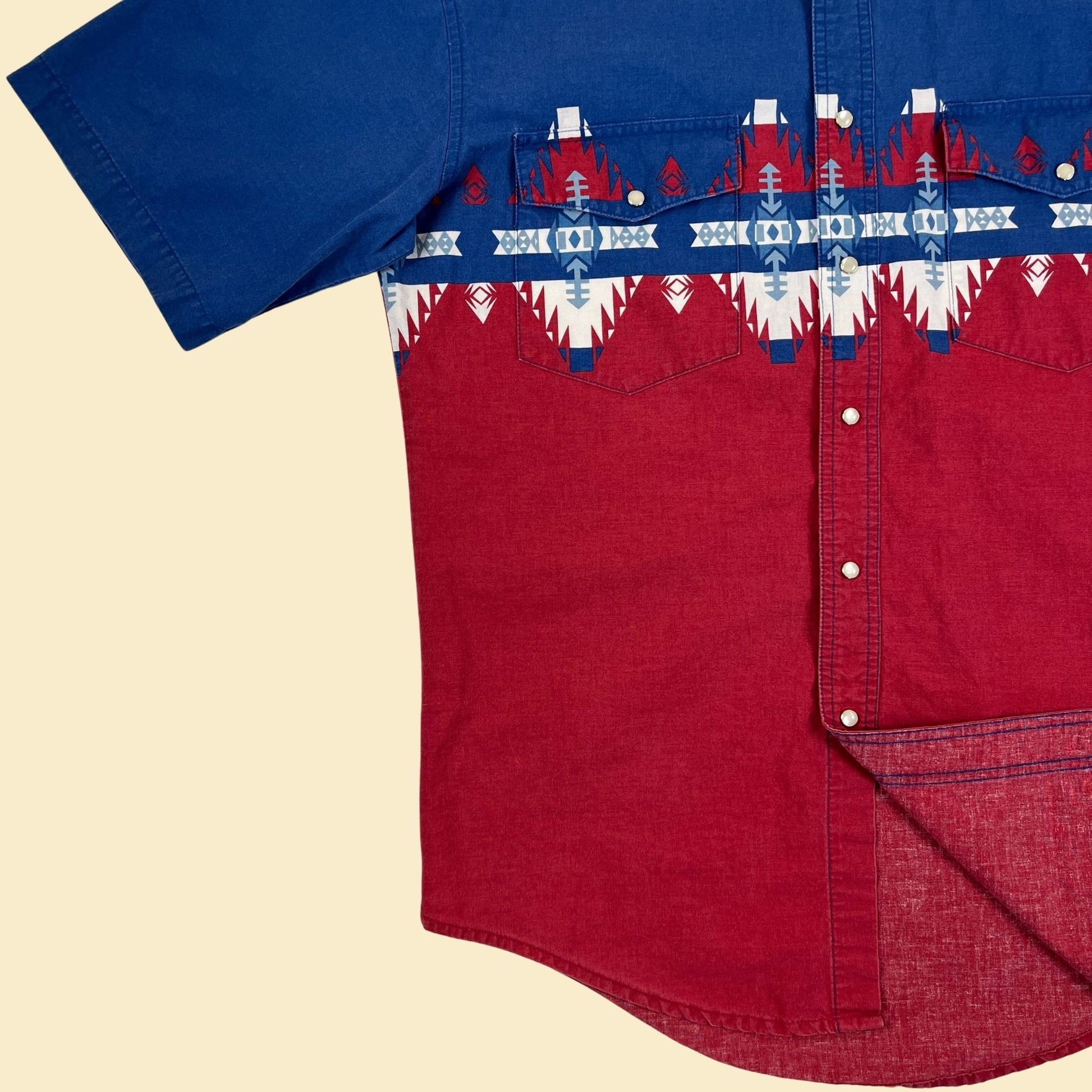 80s/90s western snap clasp shirt by Wrangler, Rustler, vintage 1980s blue, red & white geometric men's short sleeve