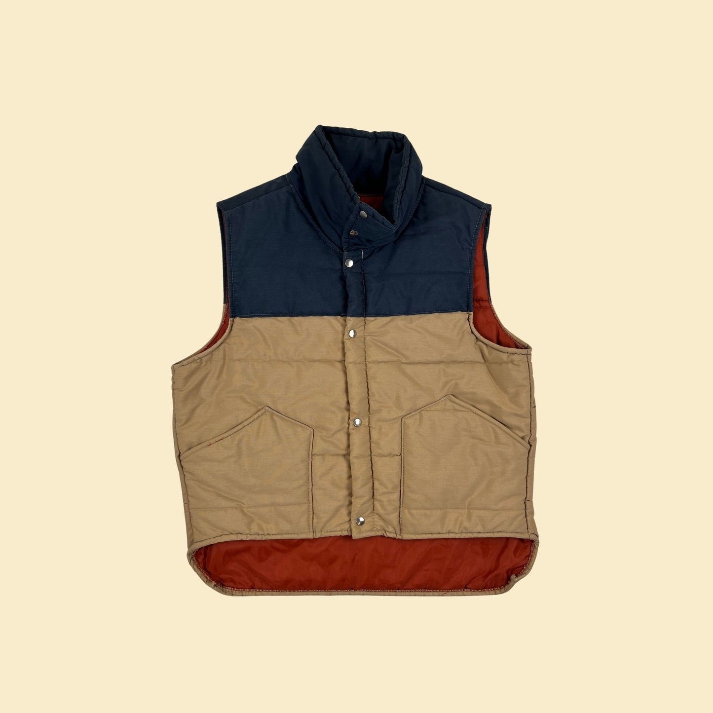 Vintage 70s/80s puffer vest, size M blue & brown color block men's snap clasp 1980s cotton outdoors vest