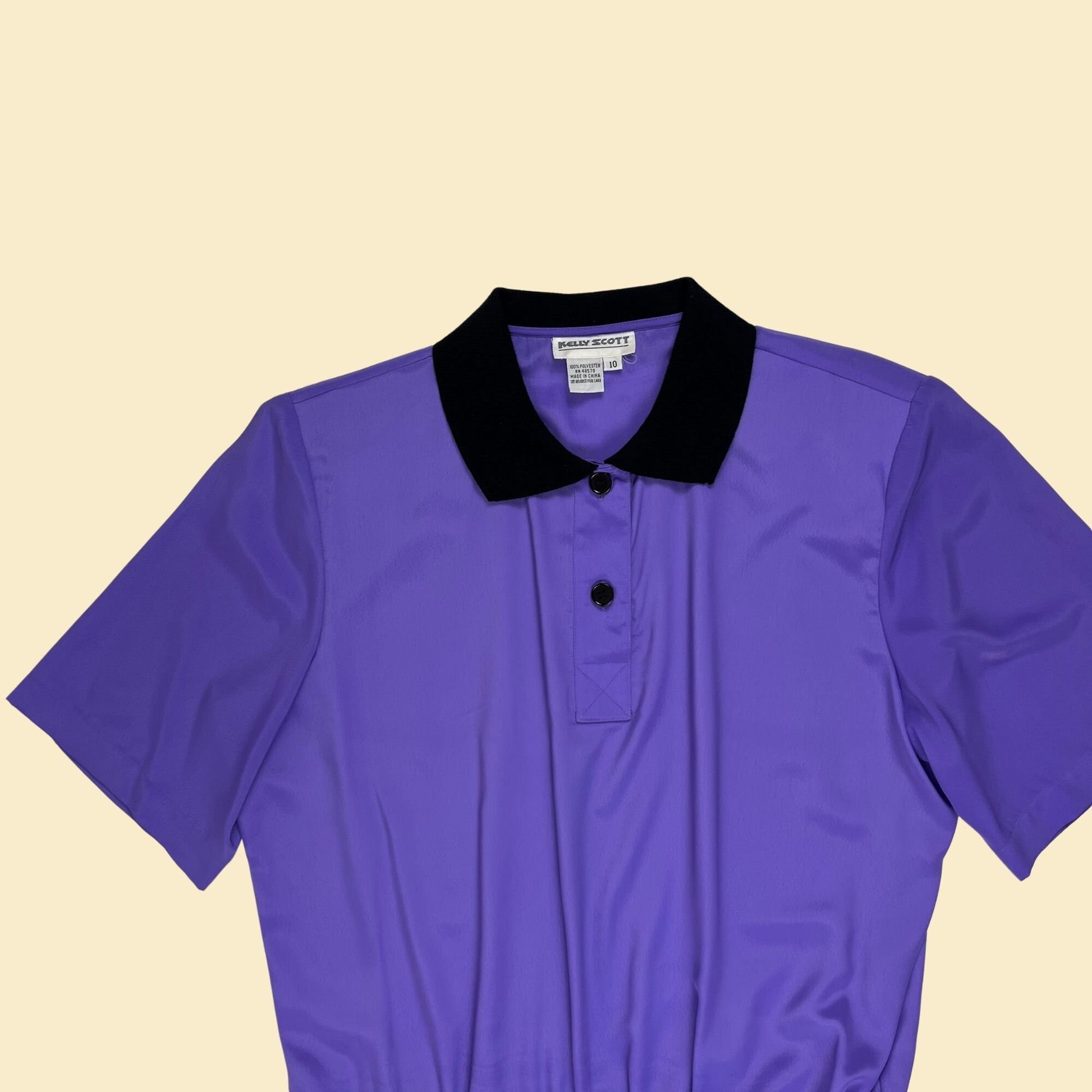 80s satin purple blouse w/ knit trim by Kelly Scott, size 10 vintage 1980s polo-style half button down purple & black shirt