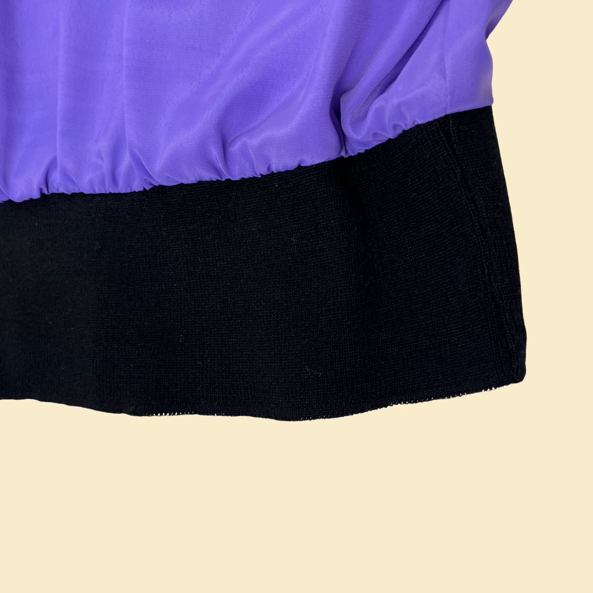 80s satin purple blouse w/ knit trim by Kelly Scott, size 10 vintage 1980s polo-style half button down purple & black shirt