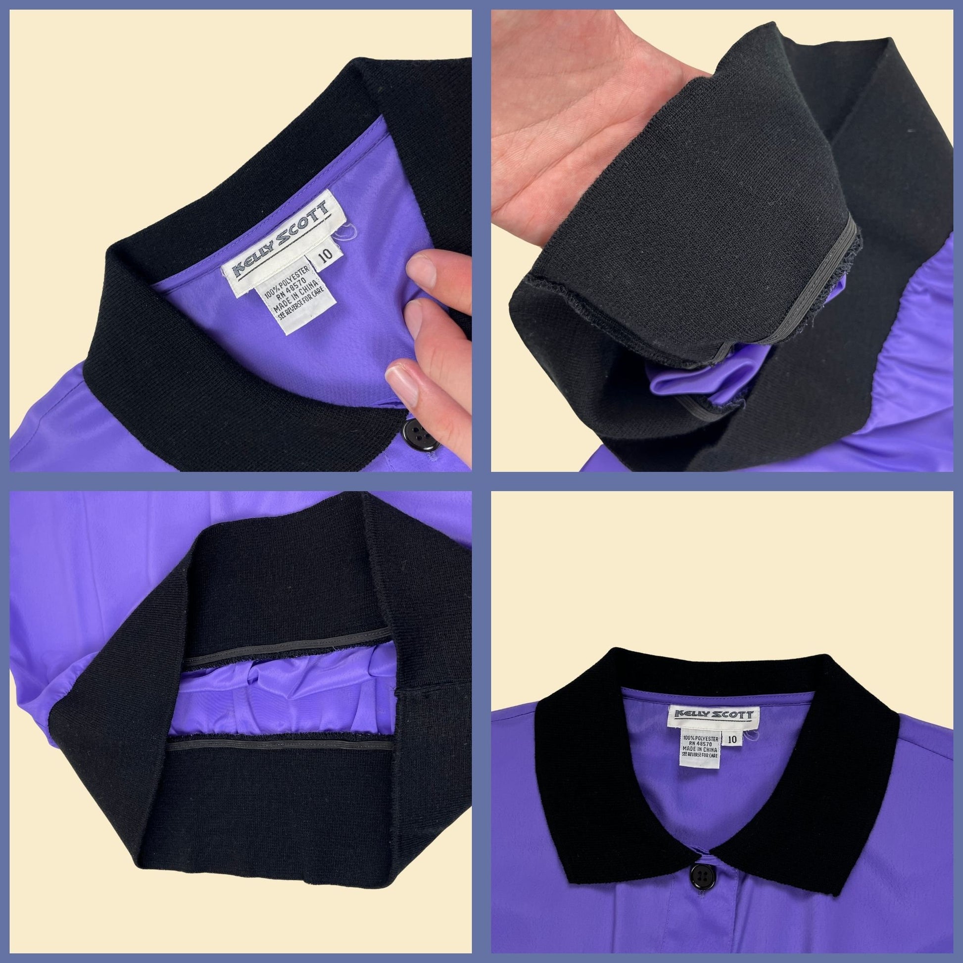 80s satin purple blouse w/ knit trim by Kelly Scott, size 10 vintage 1980s polo-style half button down purple & black shirt