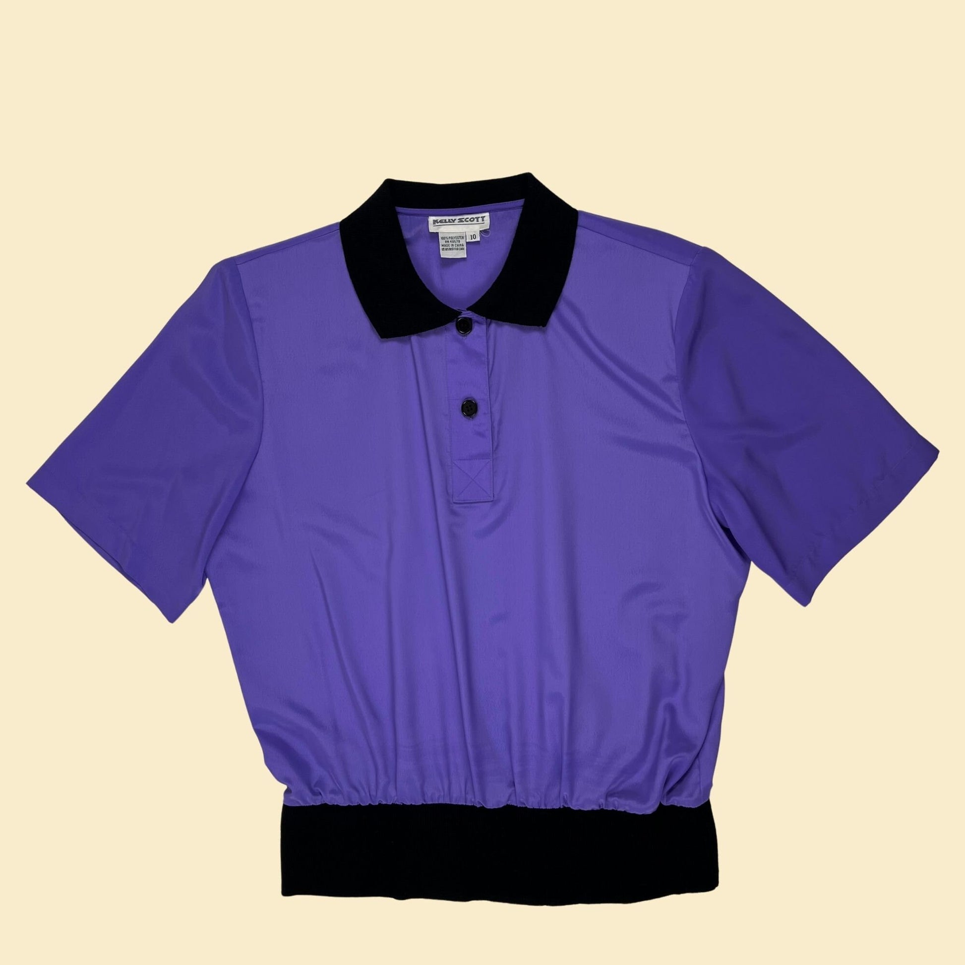 80s satin purple blouse w/ knit trim by Kelly Scott, size 10 vintage 1980s polo-style half button down purple & black shirt