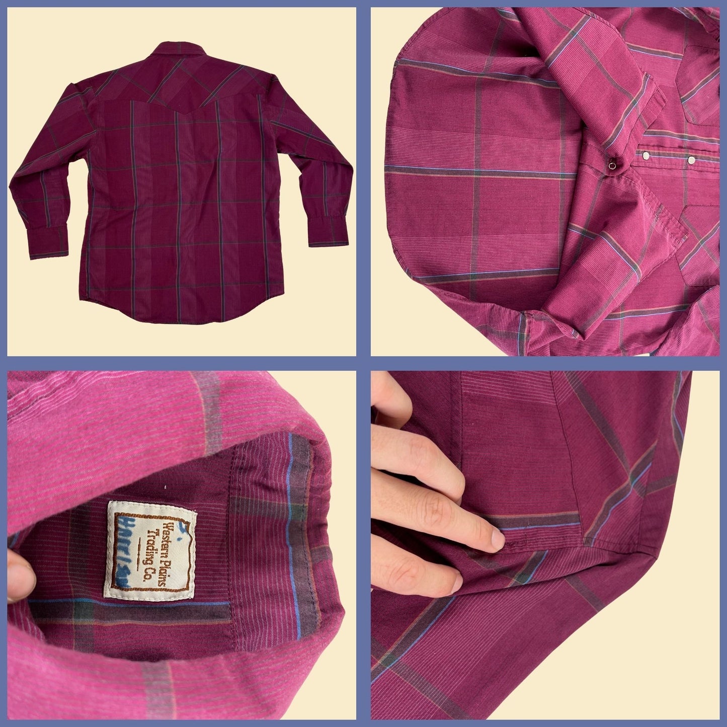 Vintage 90s shirt, burgundy Western Plains Trading Co men's snap clasp western blue/brown long sleeve top