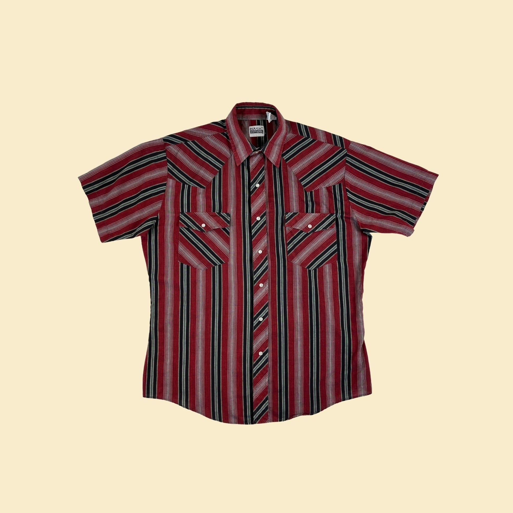 Vintage 90s western shirt, size M men's red & black striped pearl snap short sleeve casual down top