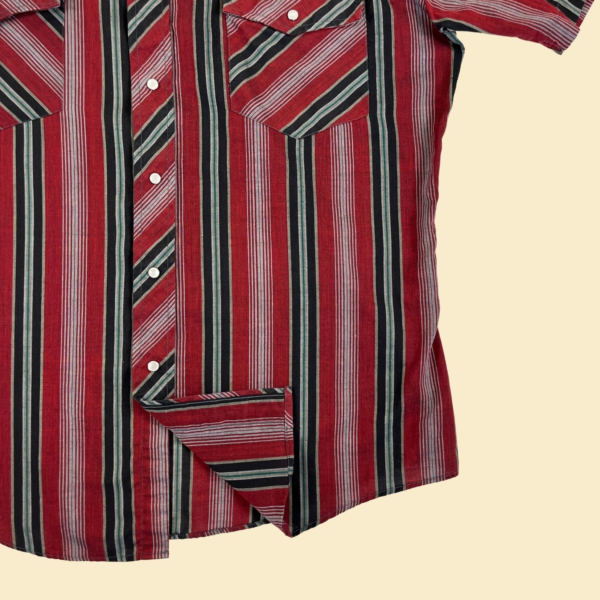 Vintage 90s western shirt, size M men's red & black striped pearl snap short sleeve casual down top