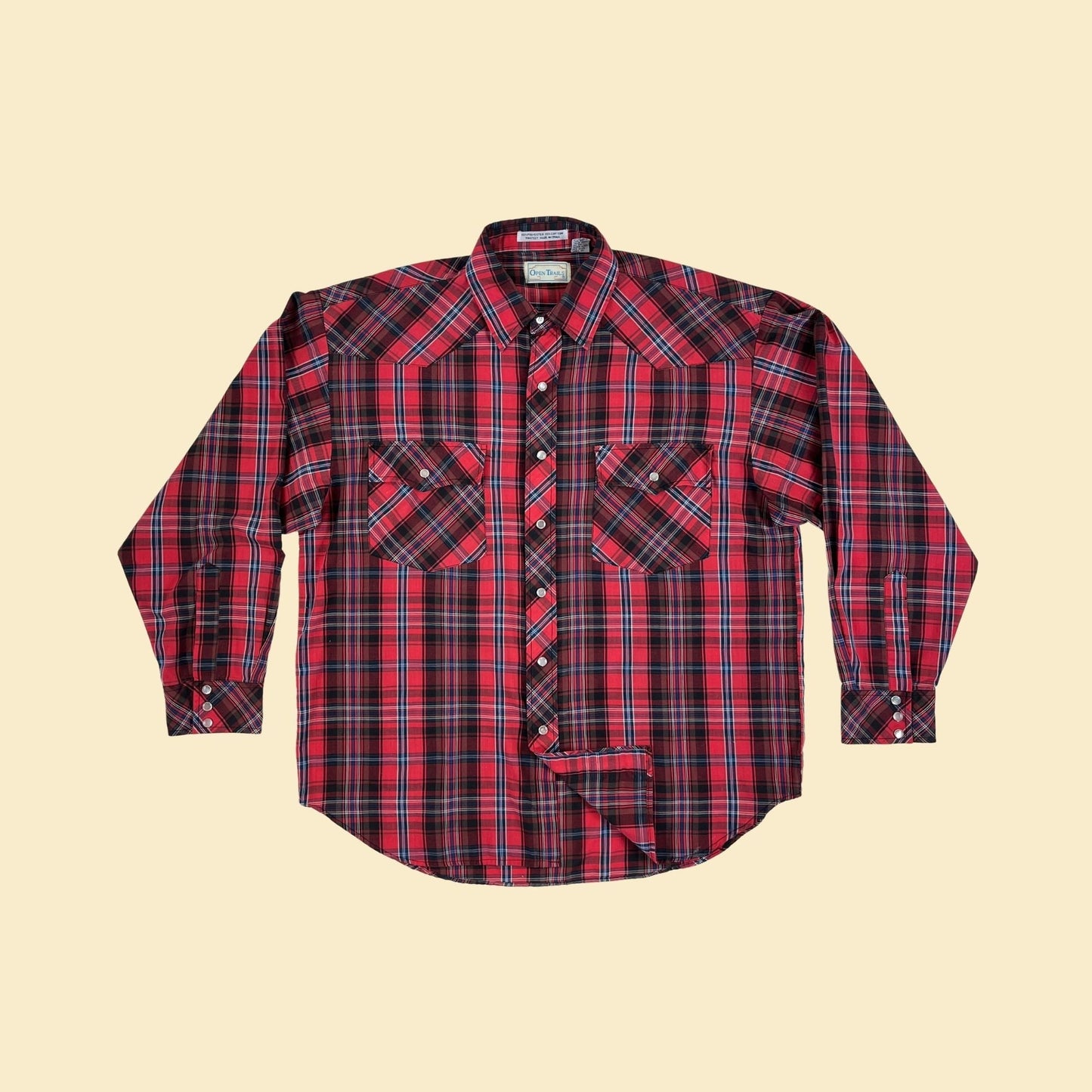 90s Open Trails plaid L western shirt, vintage 1990s pearl snap clasp lightweight long sleeve red & black plaid top